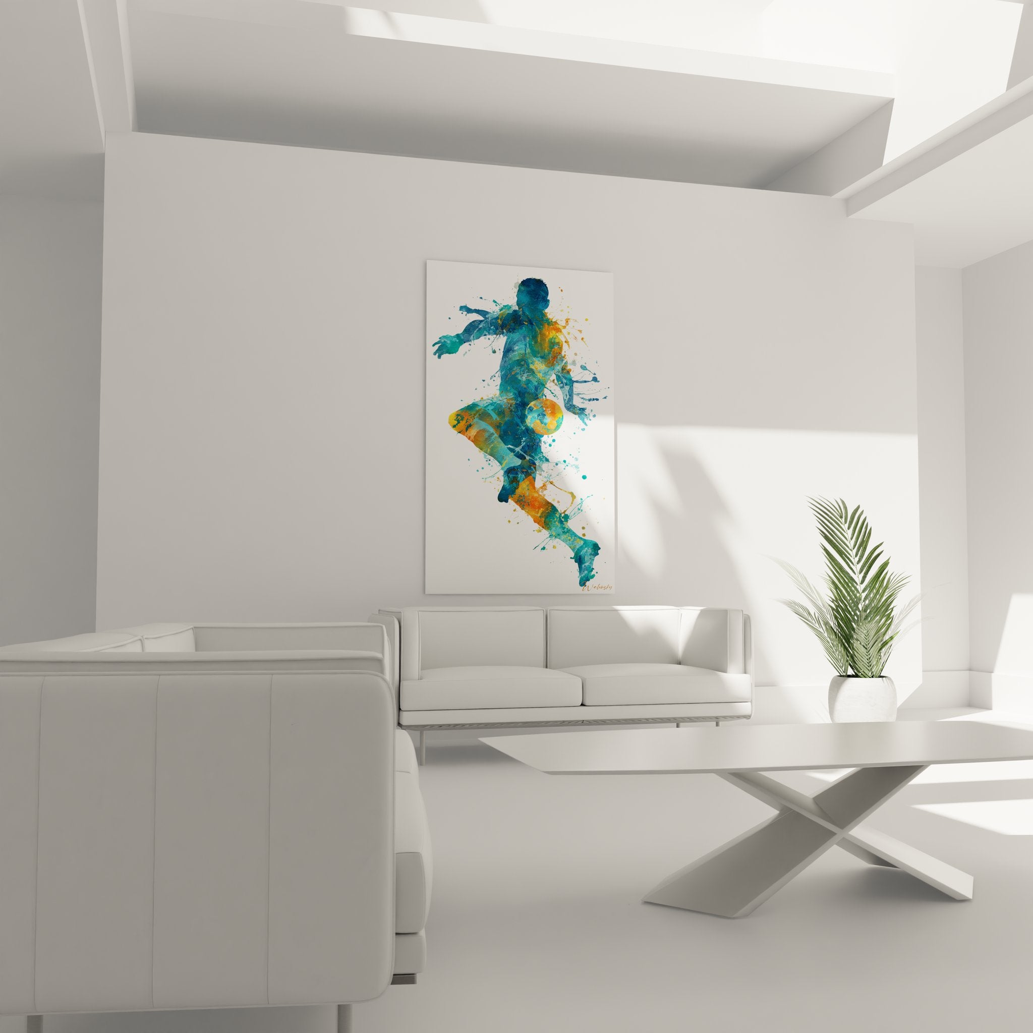 Detail tableau aquarelle footballeur skateboard couleurs vives eclaboussures peinture bleue orange art mural