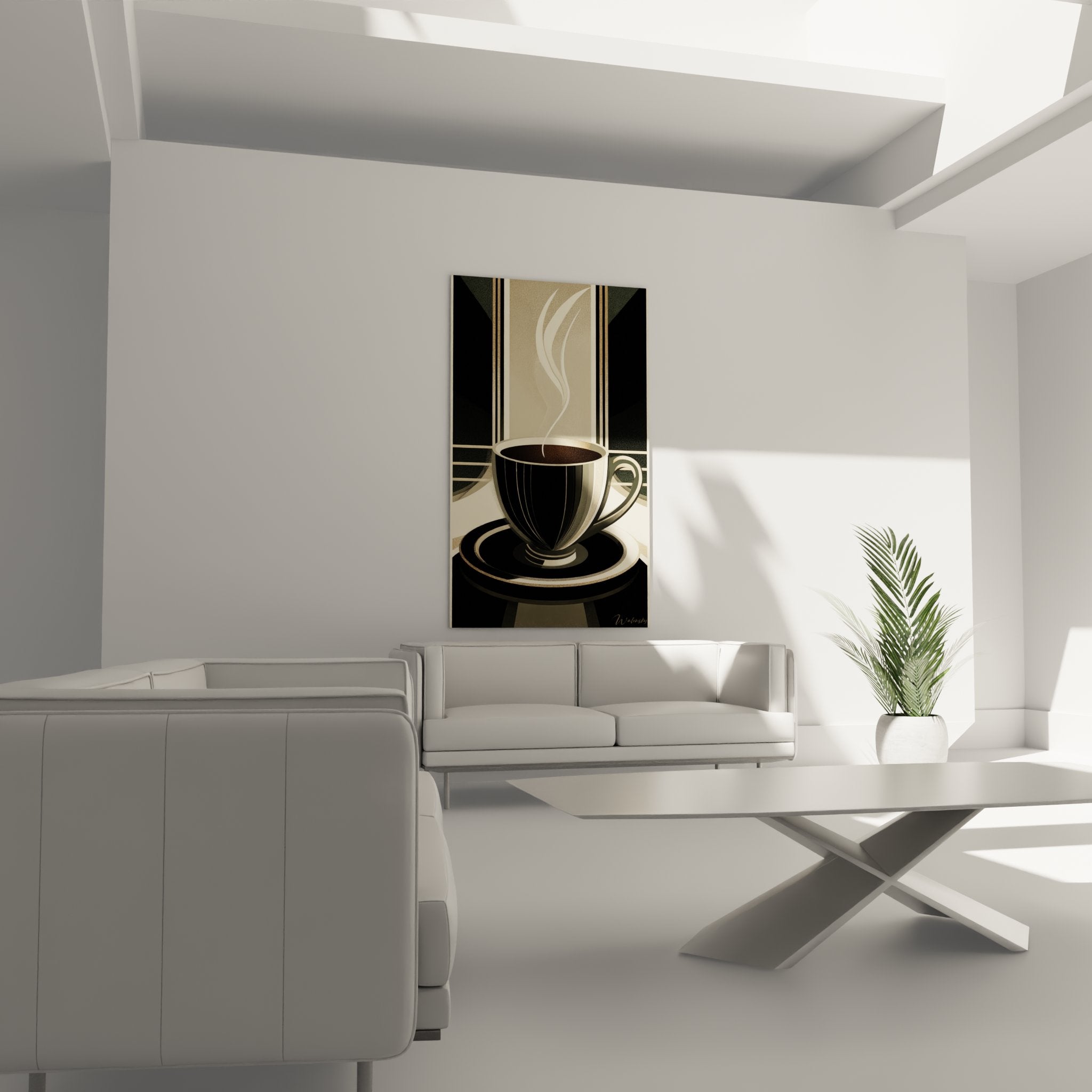 Détail du tableau art déco montrant la tasse de café stylisée avec motifs géométriques et palette noir beige