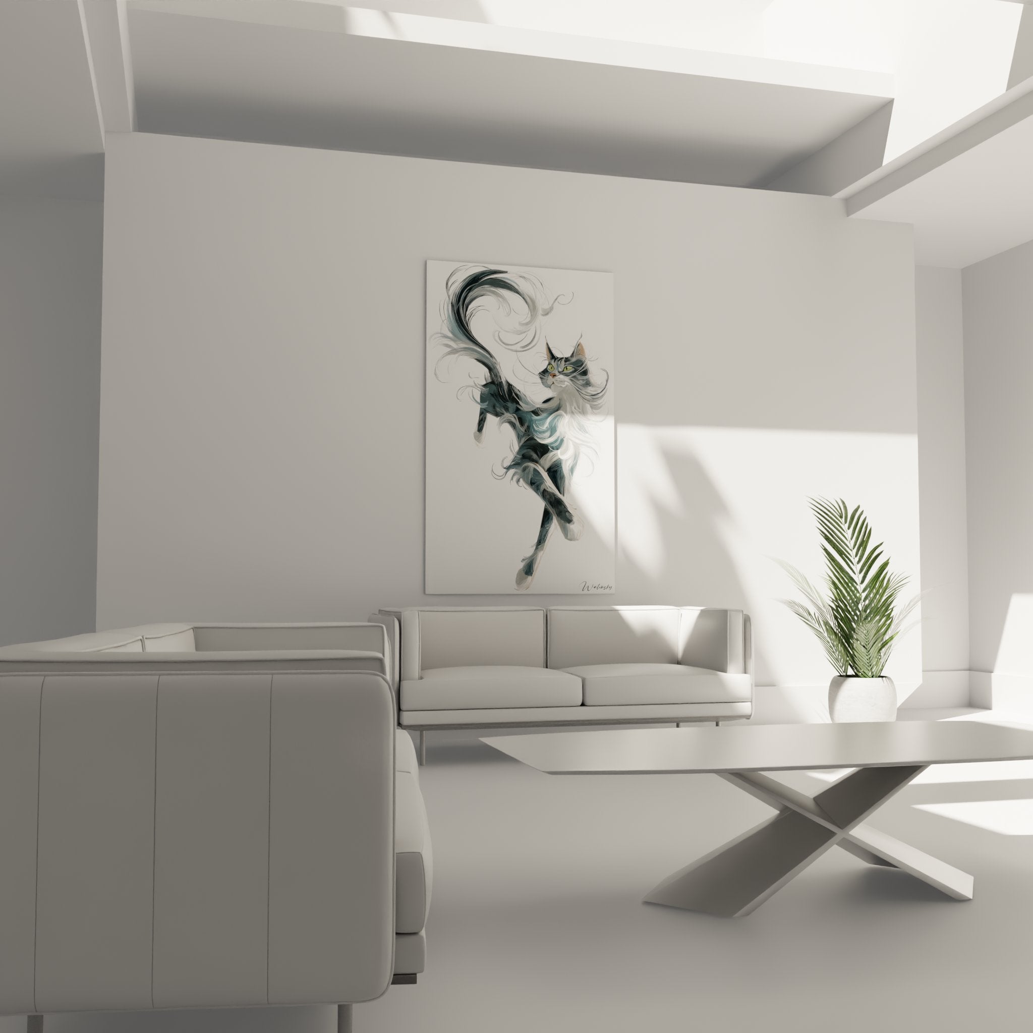 Dettaglio del quadro che mostra gli occhi verdi penetranti e la pelliccia setosa del Maine Coon in movimento