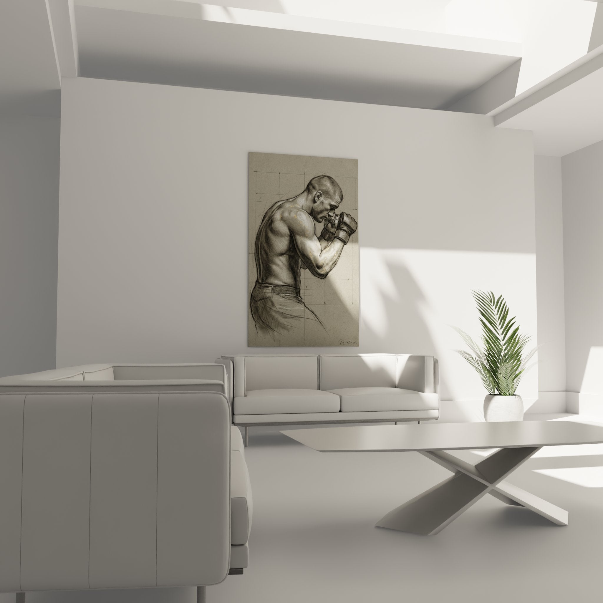 Détail rapproché du tableau boxeur MMA montrant la technique de dessin et les rehauts dorés sur muscles