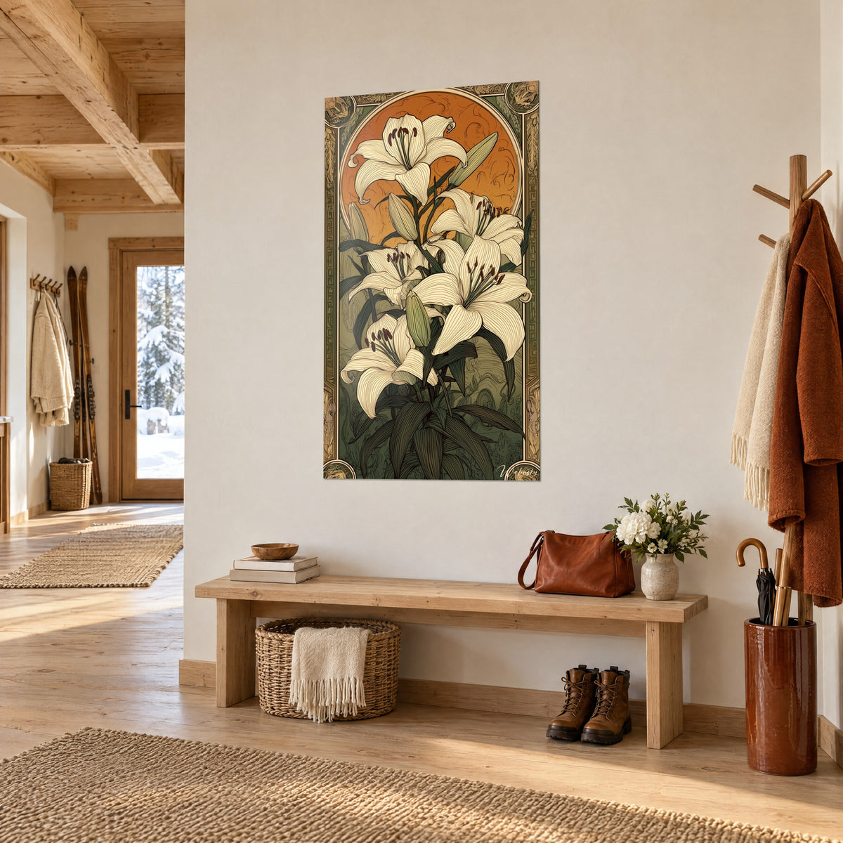 Tableau bouquet de lis ivoire et feuillage vert profond, médaillon ocre, chalet bois clair, vue de trois-quarts