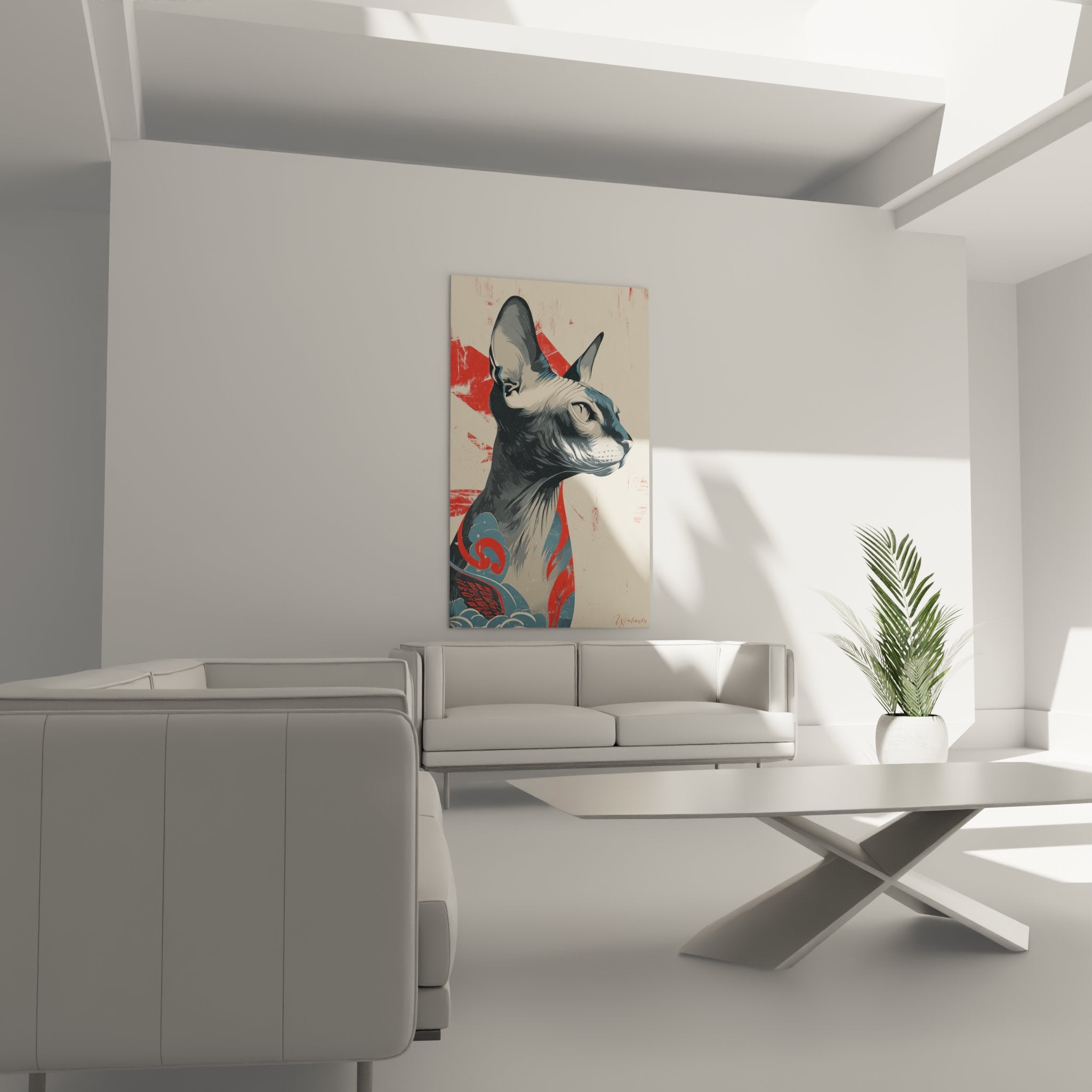 Dettaglio ravvicinato del quadro gatto Sphynx che mostra i motivi tradizionali giapponesi e la texture