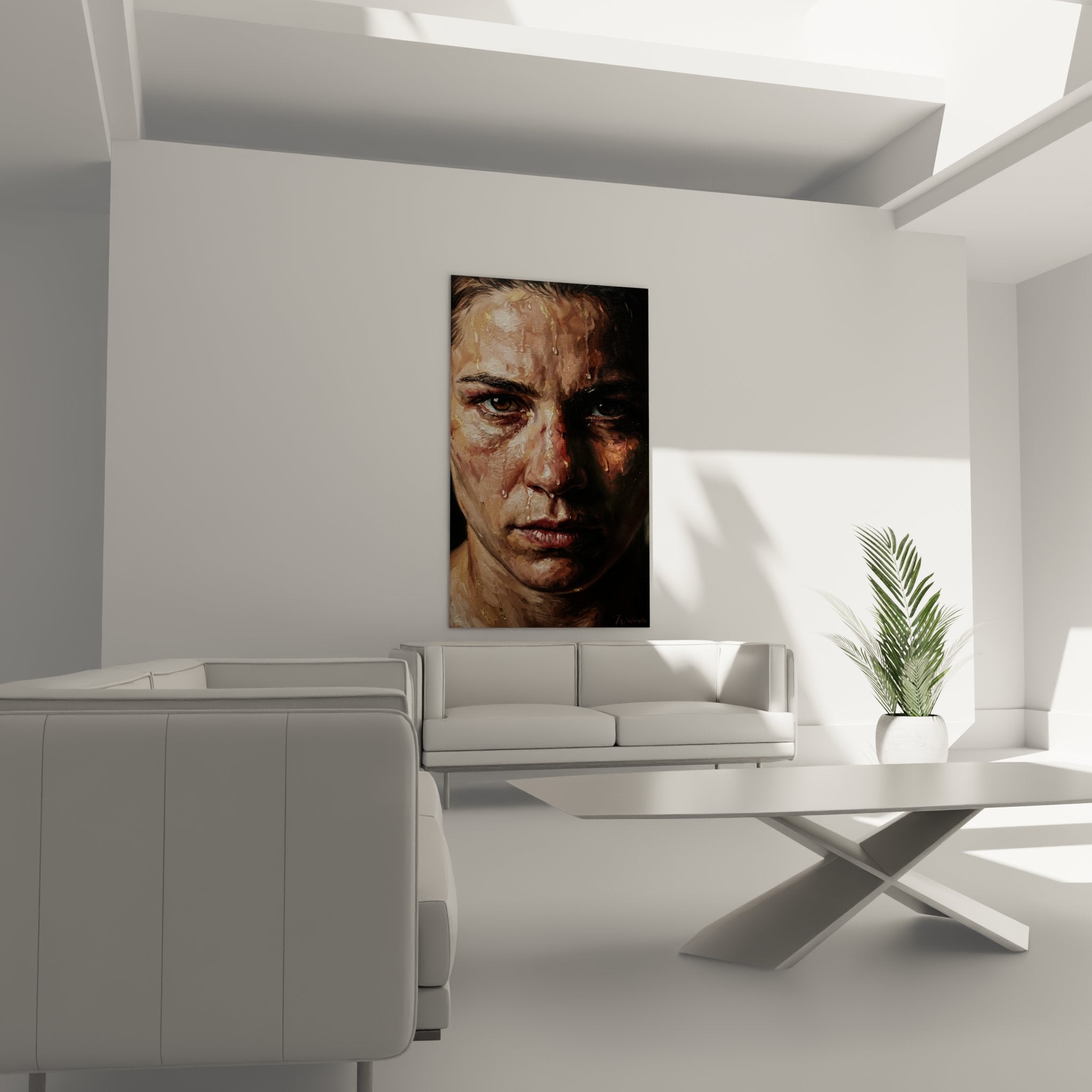 Gros plan tableau portrait fighter MMA details realistes peinture huile visage determine combat