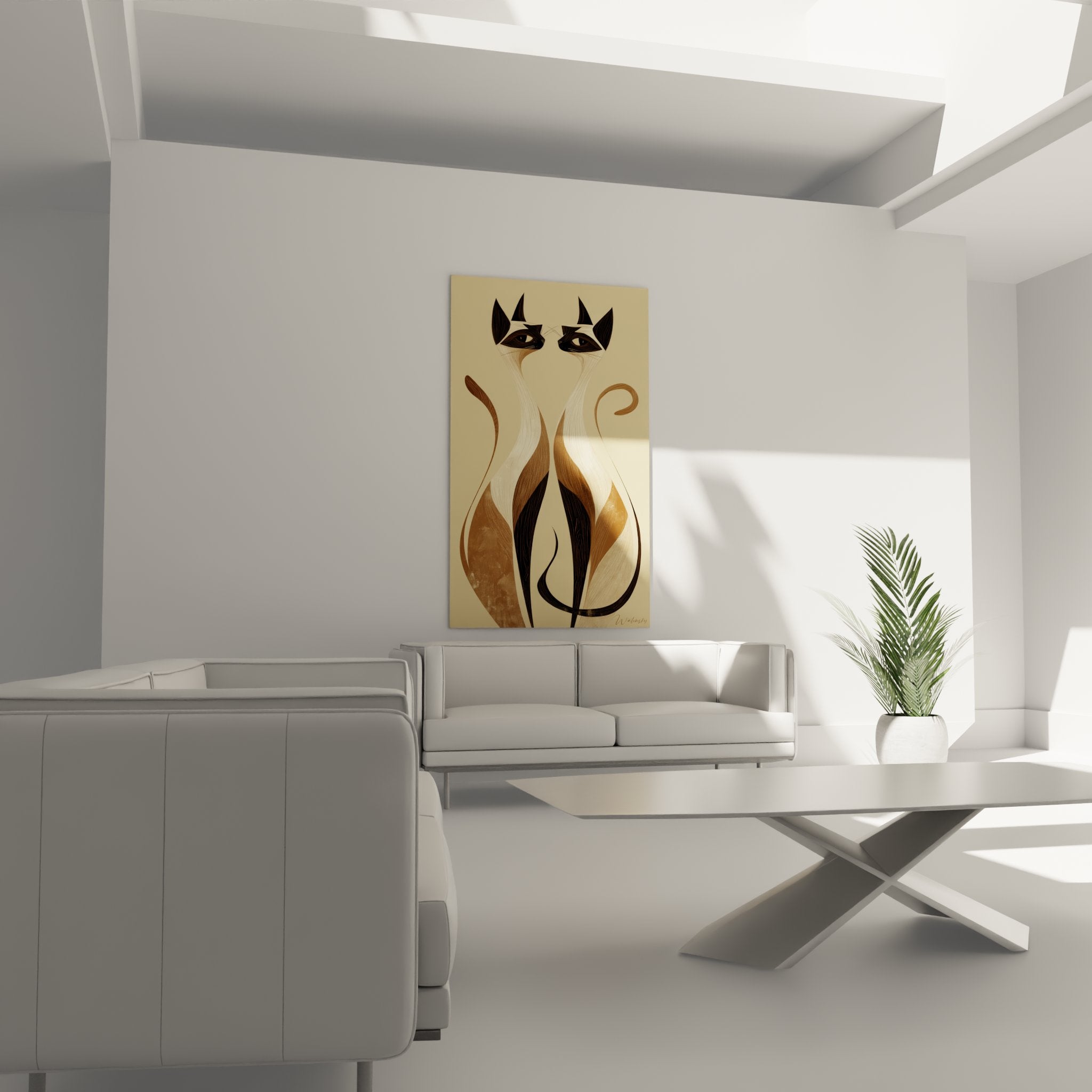 Primo piano sui dettagli artistici del quadro gatti siamesi che mostrano le forme stilizzate e i colori