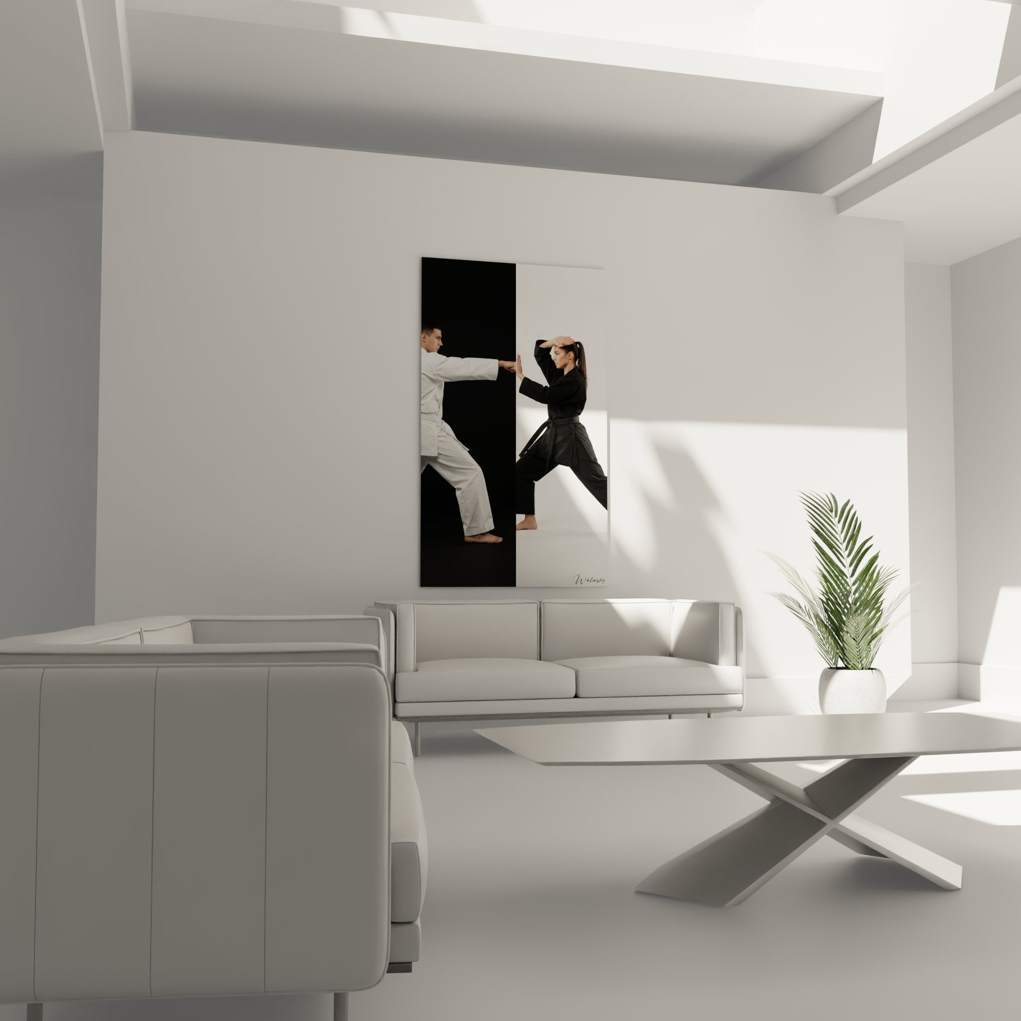 Détail tableau karaté montrant technique de combat entre pratiquants en gi traditionnel noir et blanc