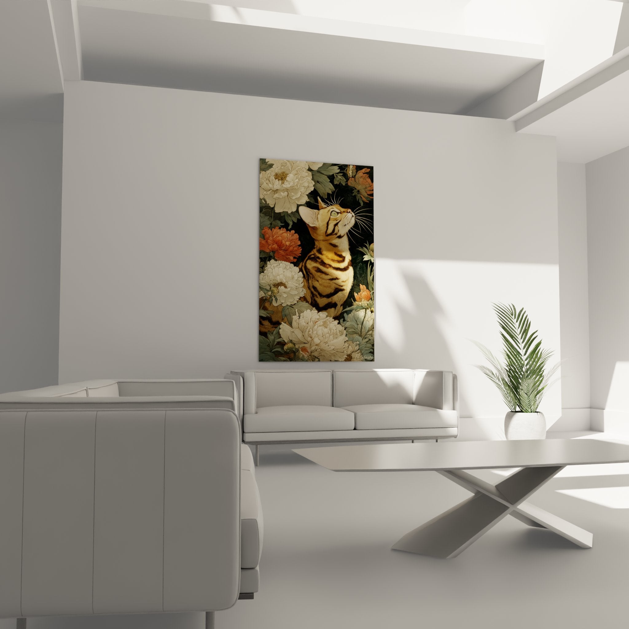 Gros plan tableau chat Toyger aux rayures dorées parmi pivoines colorées, détails artistiques fins