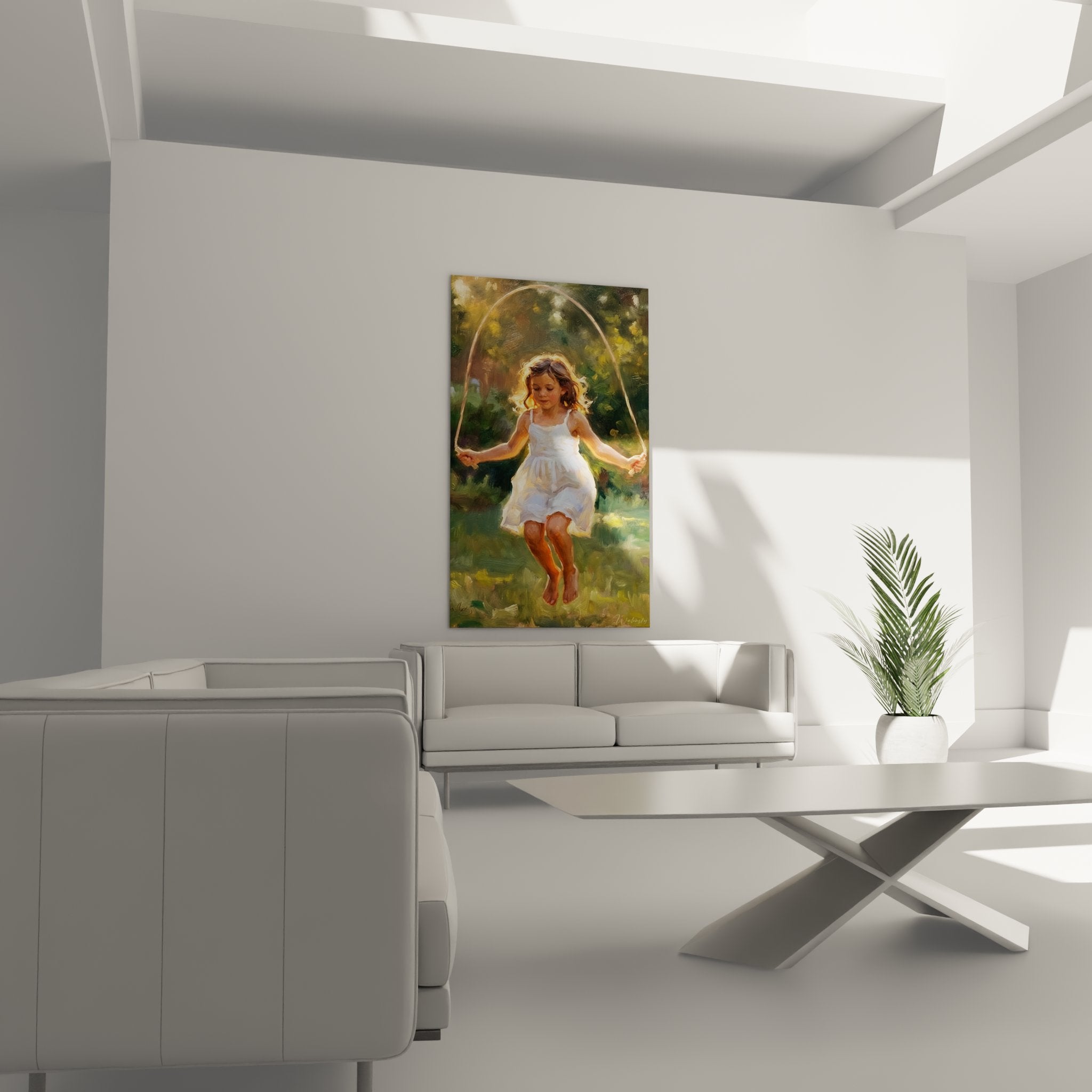 Detail of the painting showing the concentrated expression of the little girl jumping rope, realistic painting