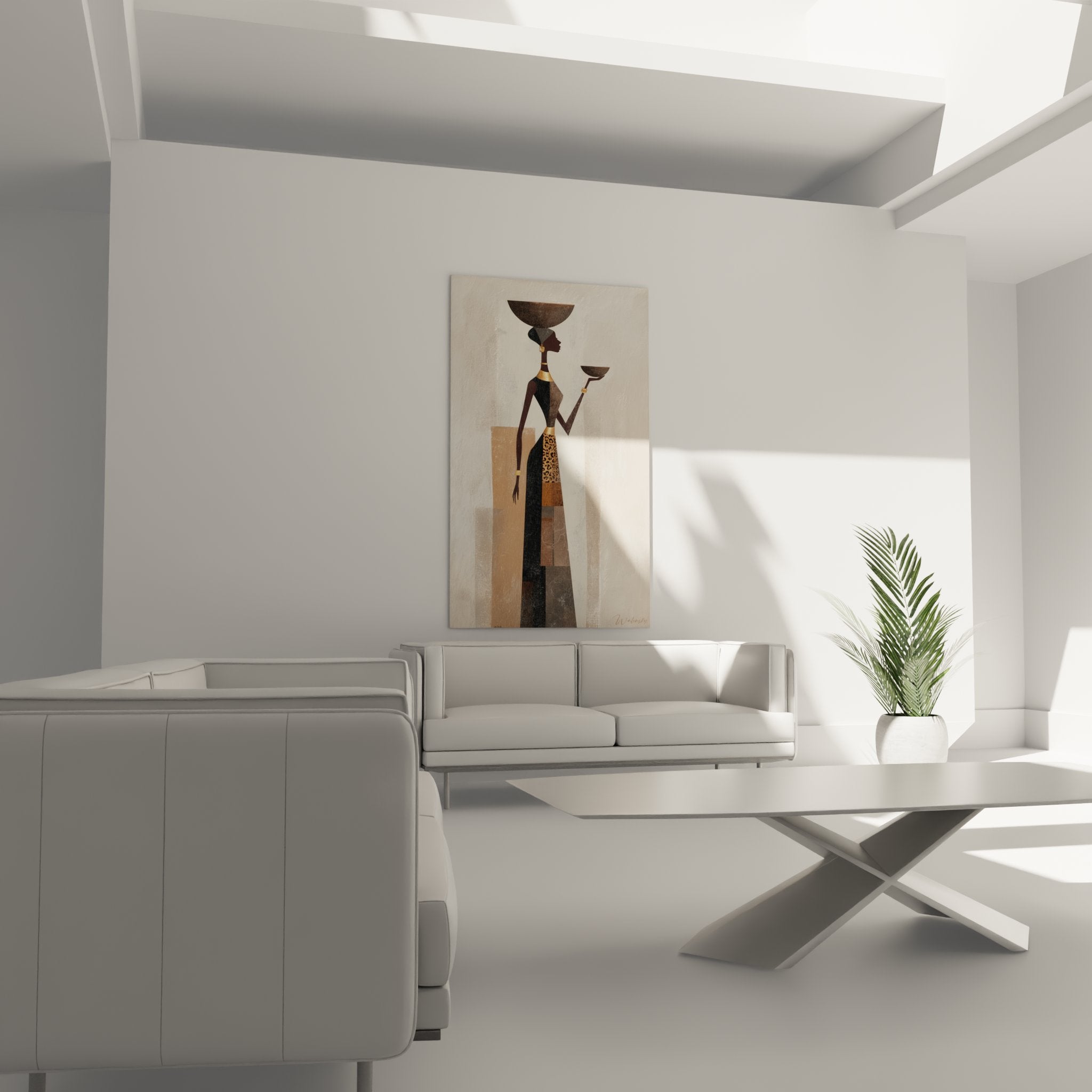 Detail tableau art africain motifs geometriques femme elegante profil noble palette couleurs ocre brun