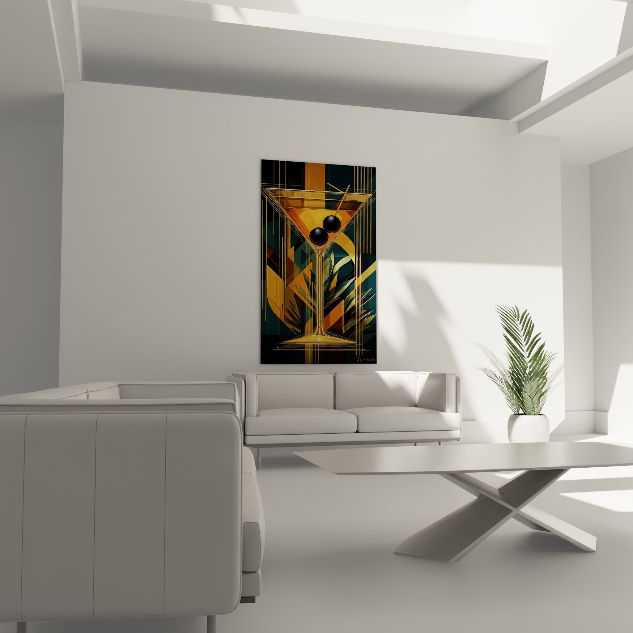 Detail of martini artwork showing golden textures and sophisticated art deco geometric patterns