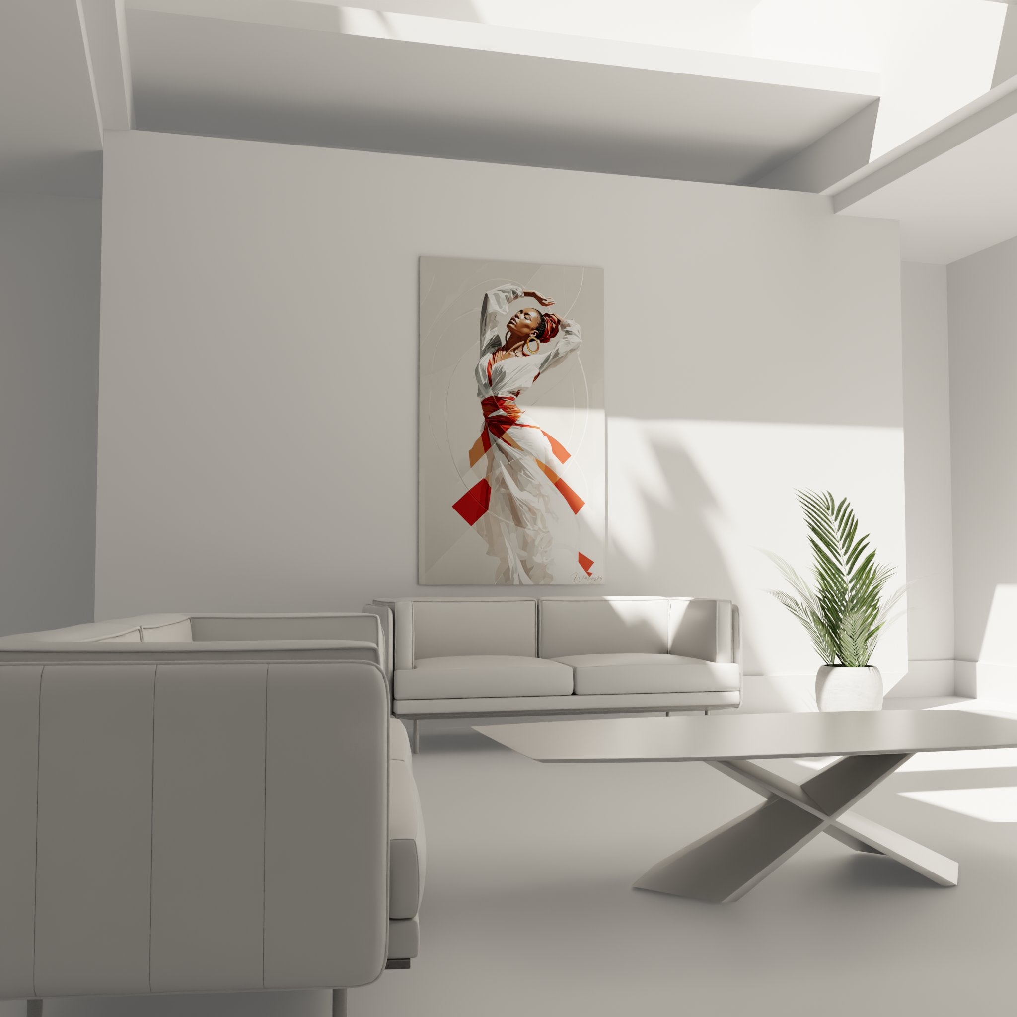 Dettaglio del quadro che mostra i tratti delicati e i gioielli dorati della danzatrice africana