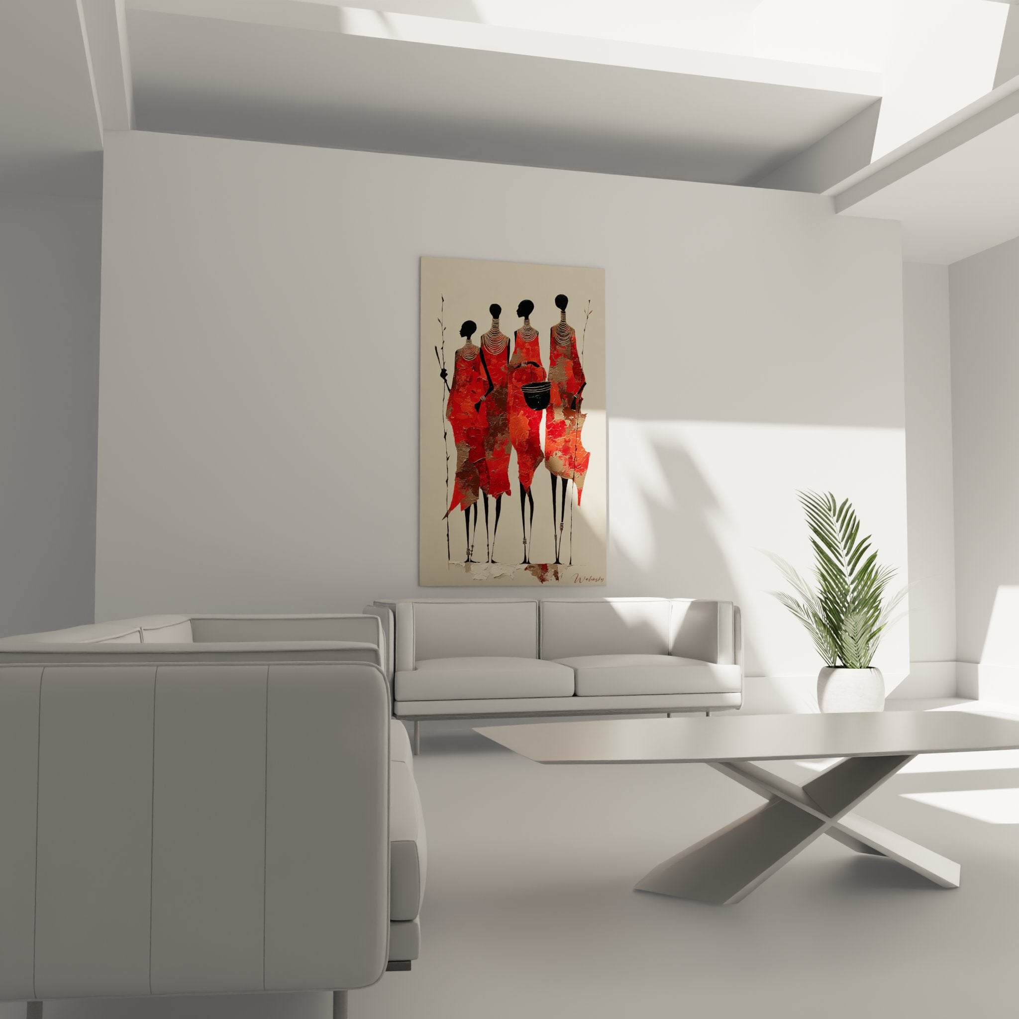 Détail tableau Masaï montrant textures rouge et colliers spiralés traditionnels culture africaine