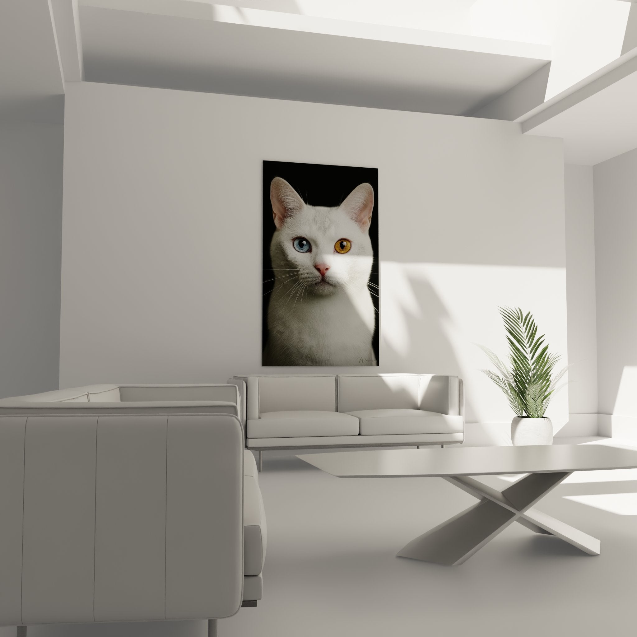 Détail gros plan yeux vairons chat blanc, texture réaliste pelage et regard hypnotique