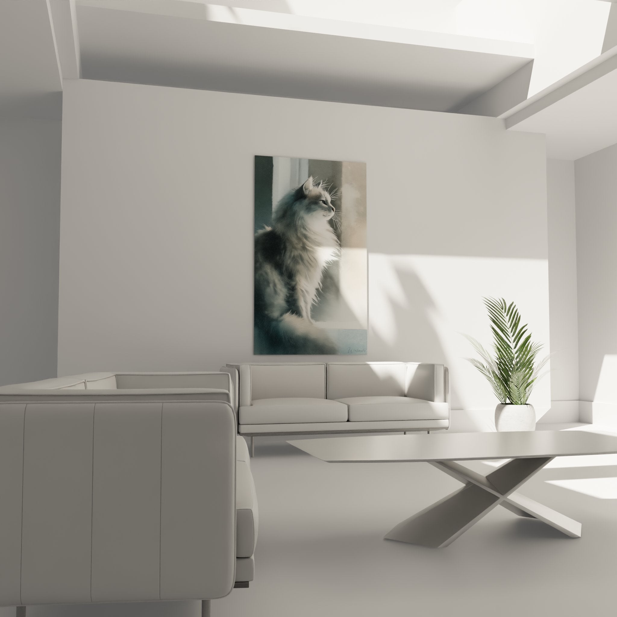 Gros plan chat sibérien contemplatif détails fourrure soyeuse regard pensif lumière douce tableau art