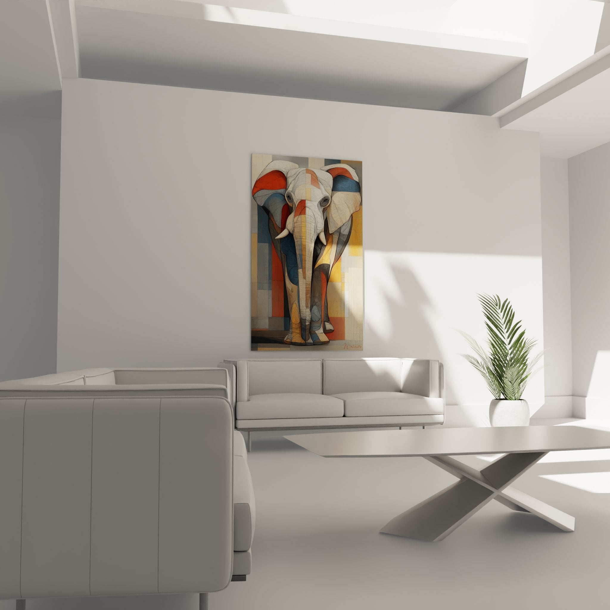 Dettaglio quadro elefante motivi geometrici colorazioni terra ocra blu grigio arte murale moderna