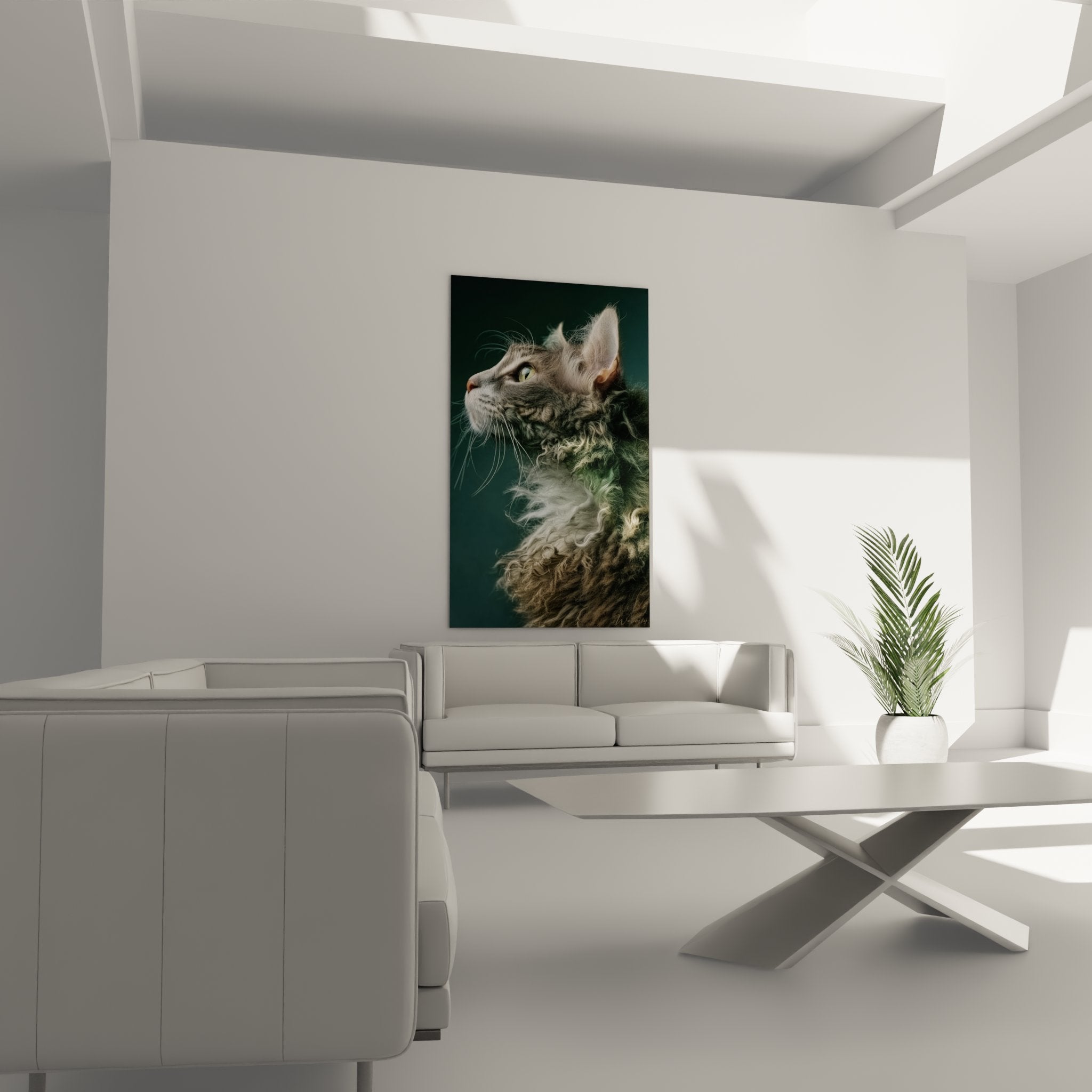 Primo piano sui dettagli del manto riccio del gatto Laperm e sui suoi occhi verdi espressivi nel quadro artistico