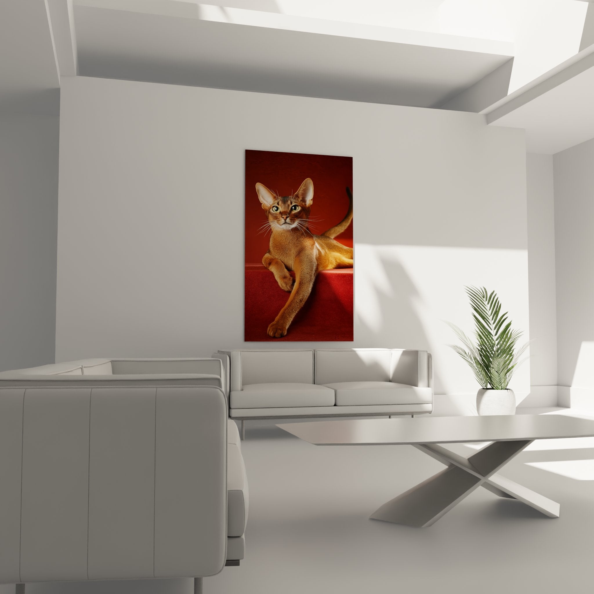 Close-up Abyssinian cat with piercing green eyes, detailed tawny coat, premium feline wall art