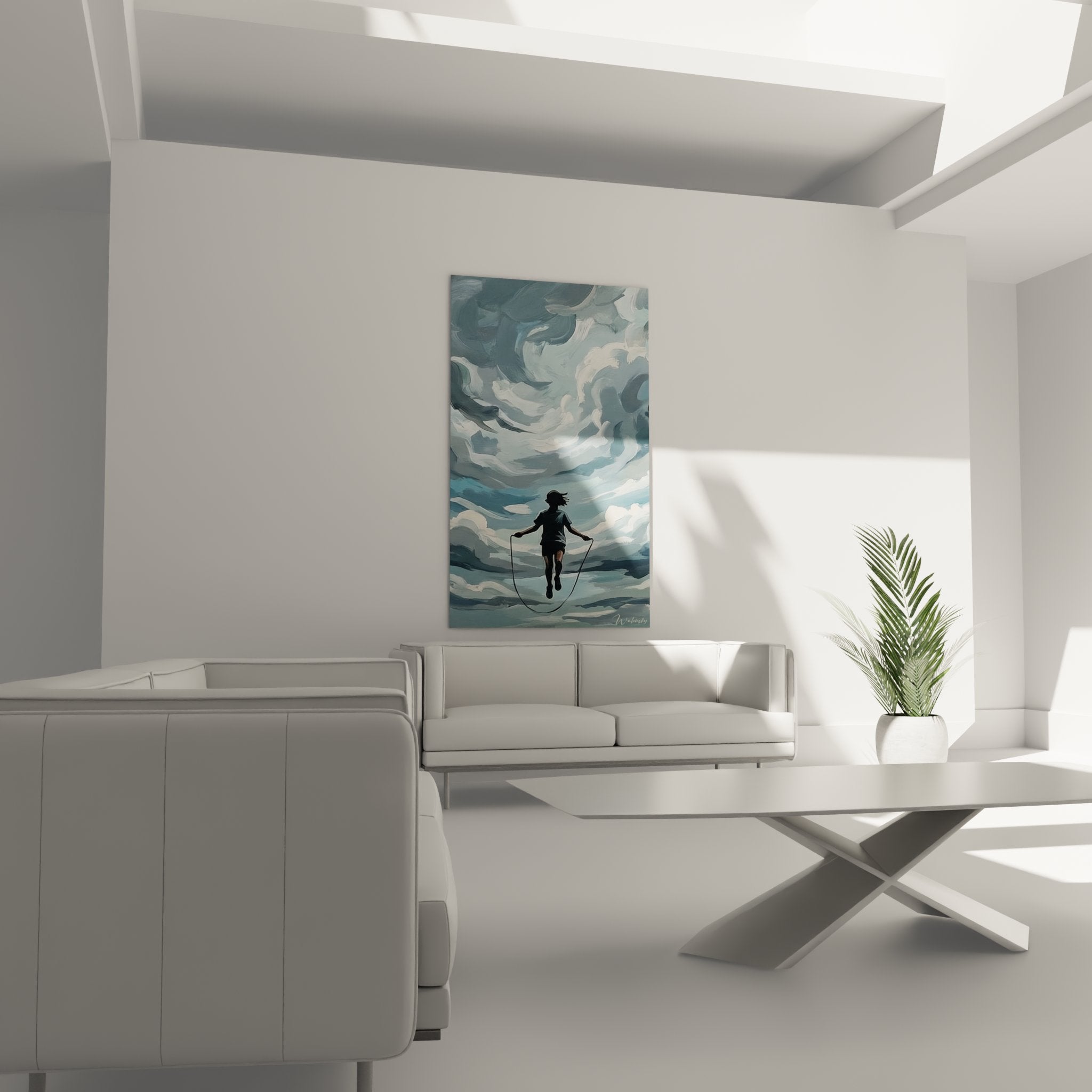 Detail of the jump rope painting showing blue nuances and expressive painting technique