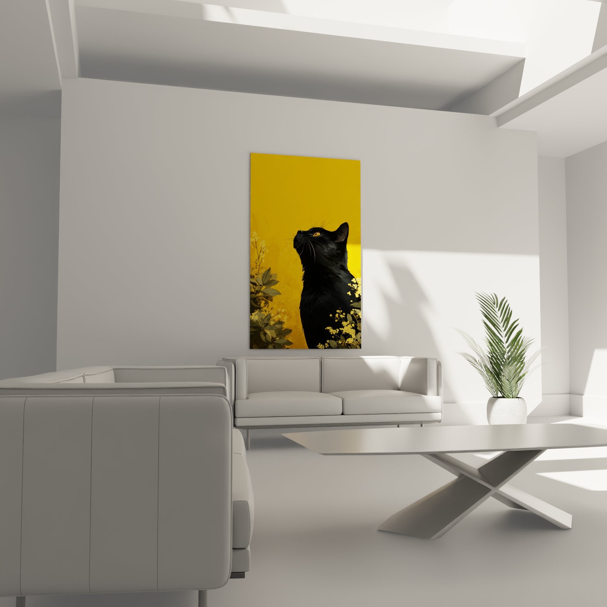 Primo piano del quadro che mostra i dettagli del mantello nero del gatto Bombay e dei fiori gialli