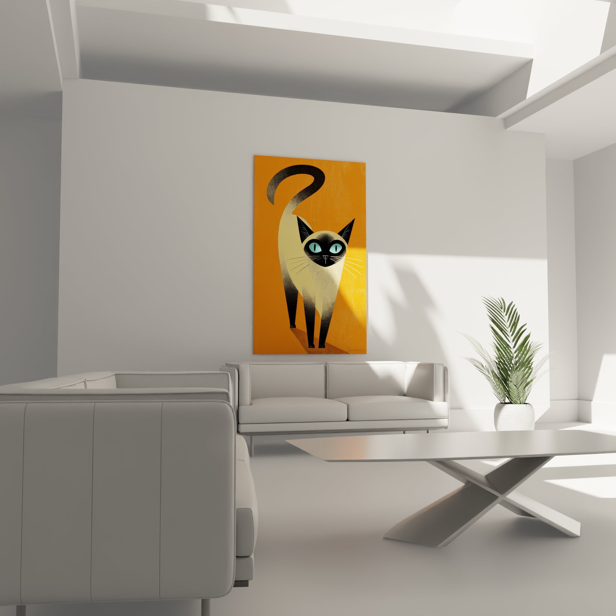 Dettaglio del quadro che mostra gli occhi turchesi penetranti e i tratti delicati del gatto siamese