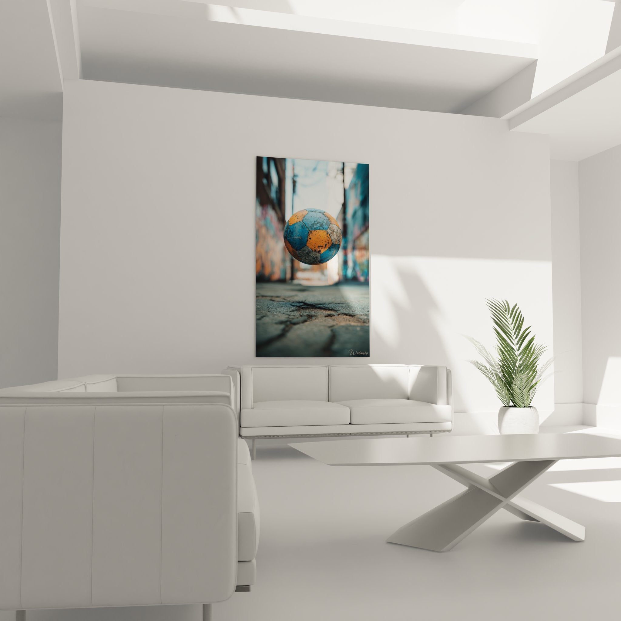 Détail rapproché ballon football usé couleurs bleu orange sur bitume urbain, texture artistique sport