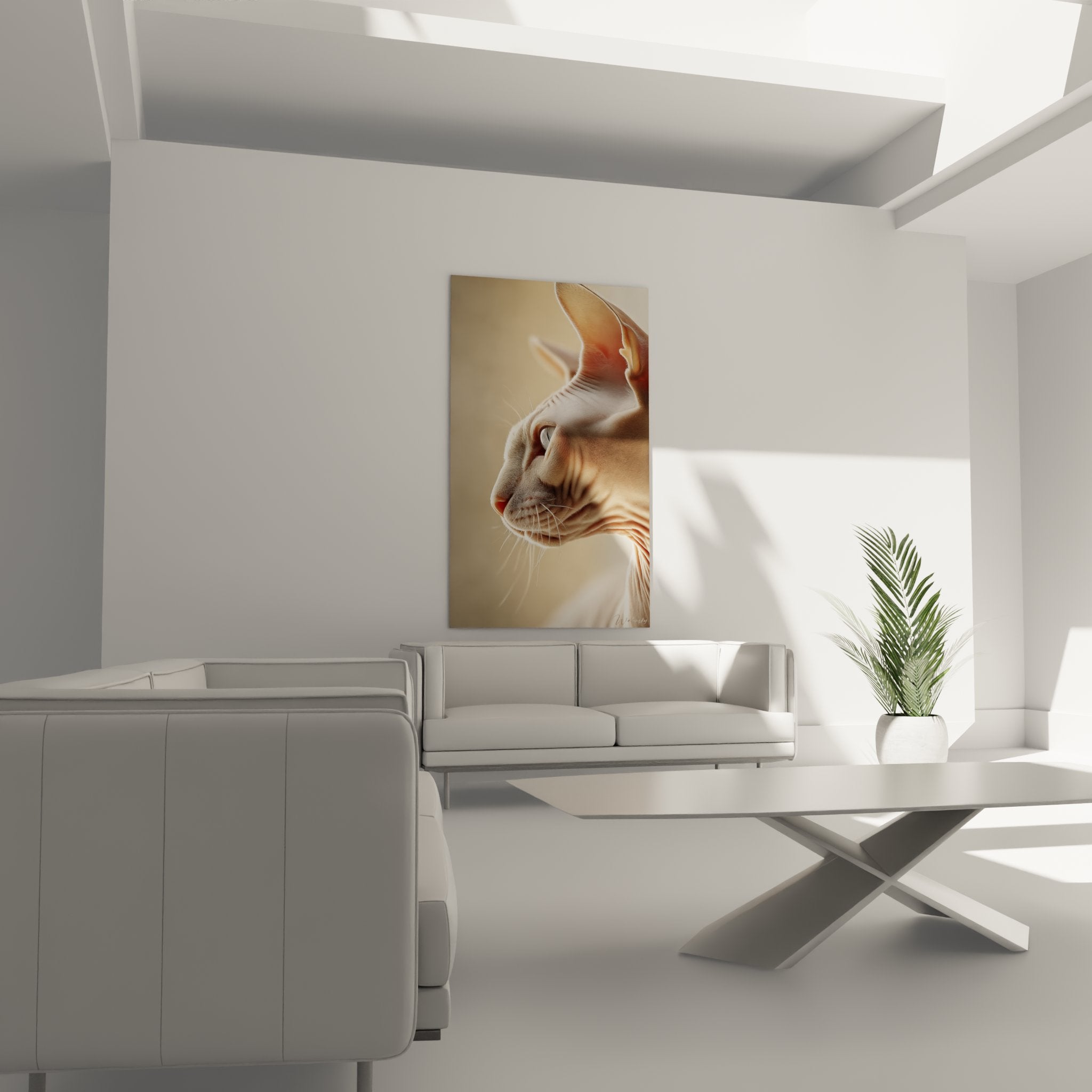 Dettaglio ravvicinato quadro gatto Sphynx di profilo, texture pelle nuda e luce naturale dorata, arte animalier