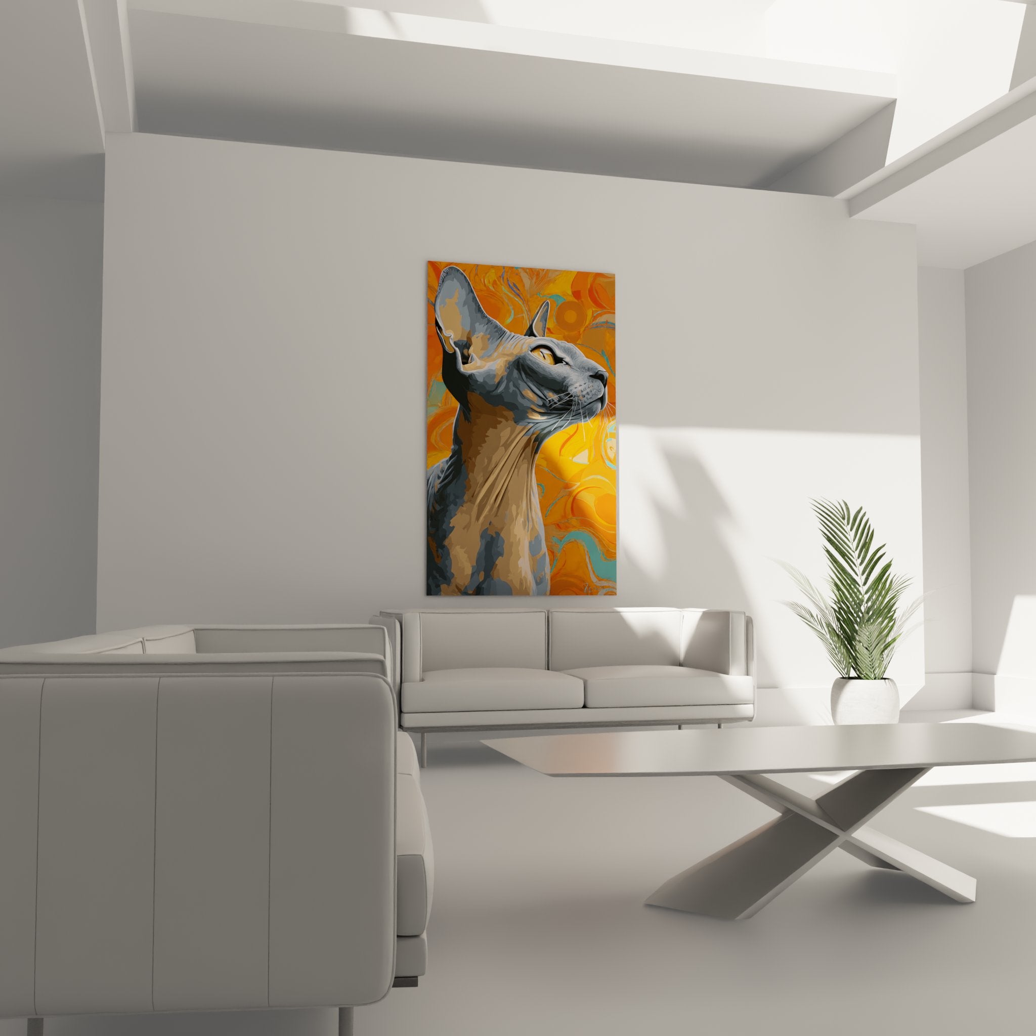 Gros plan sur les détails du tableau chat Sphynx montrant la texture et les couleurs vives de l'œuvre d'art