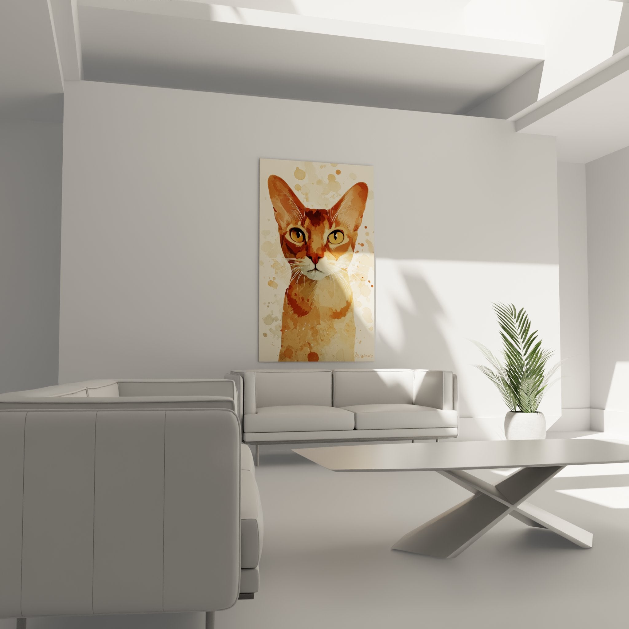 Detail portrait chat Chausie aquarelle montrant yeux dores et technique peinture eau