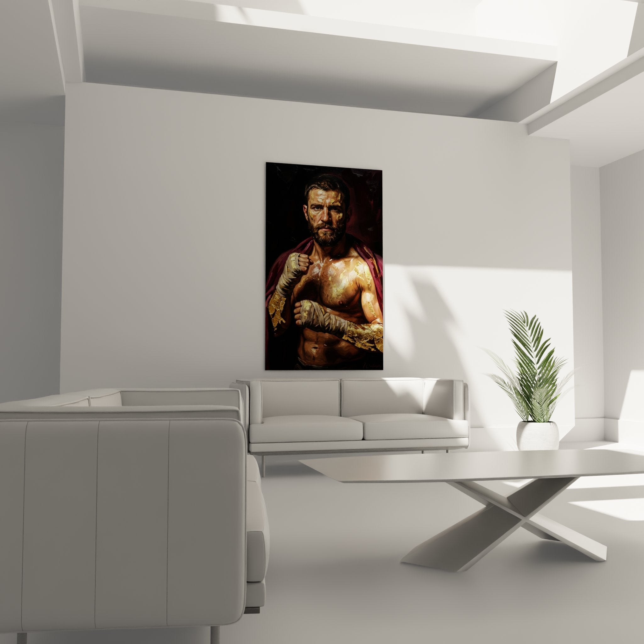 Detail du tableau combattant MMA montrant les textures dorees et la technique picturale realiste