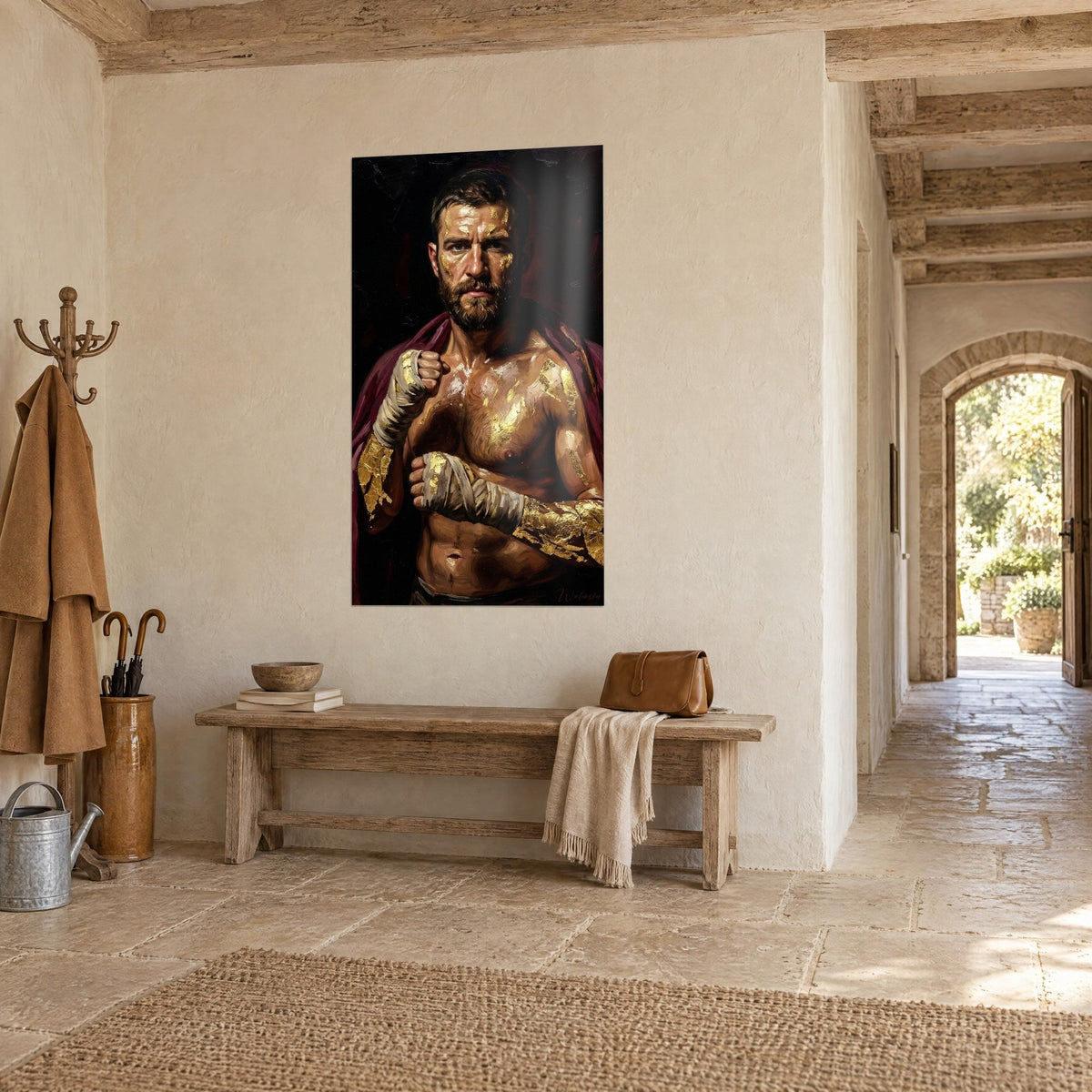 Tableau guerrier barbu au regard grave, cape pourpre et dorures sur la peau, accroché dans un couloir de pierre beige