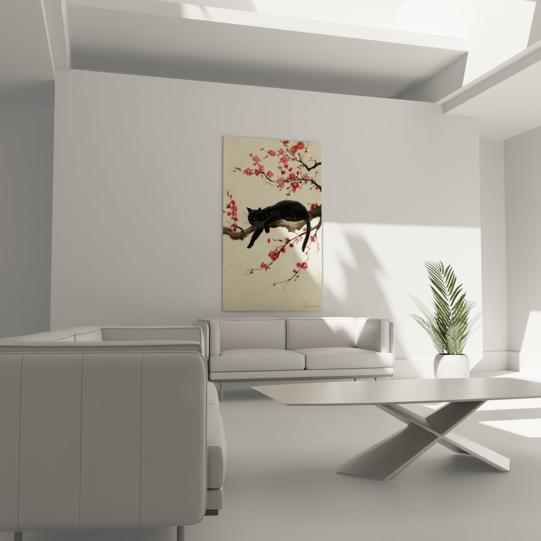 Nahaufnahme-Detail der friedlichen schwarzen Katze auf blühendem Ast, Malerei im traditionellen japanischen Kunststil