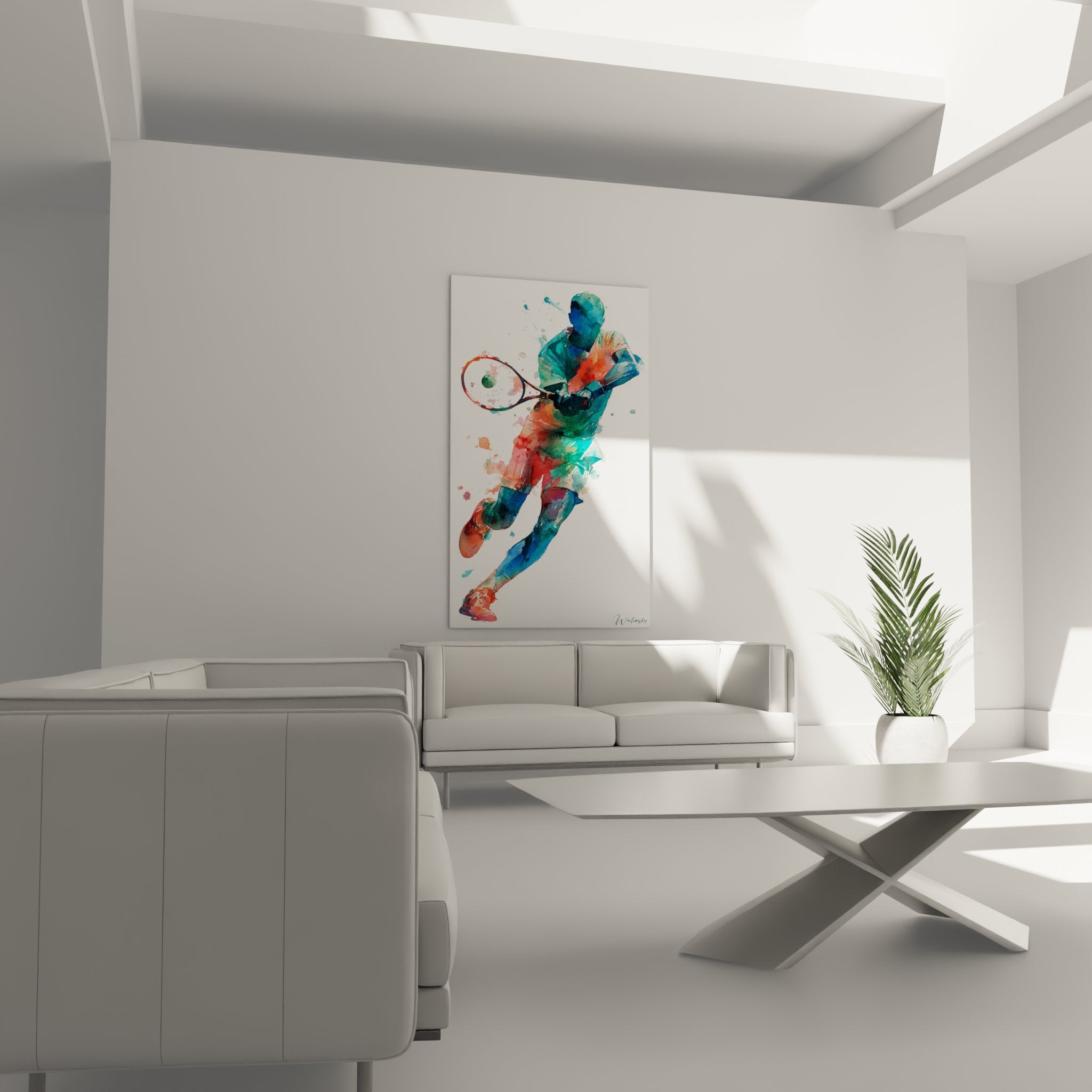 Détail rapproché tableau tennis aquarelle montrant technique artistique et mélange de couleurs