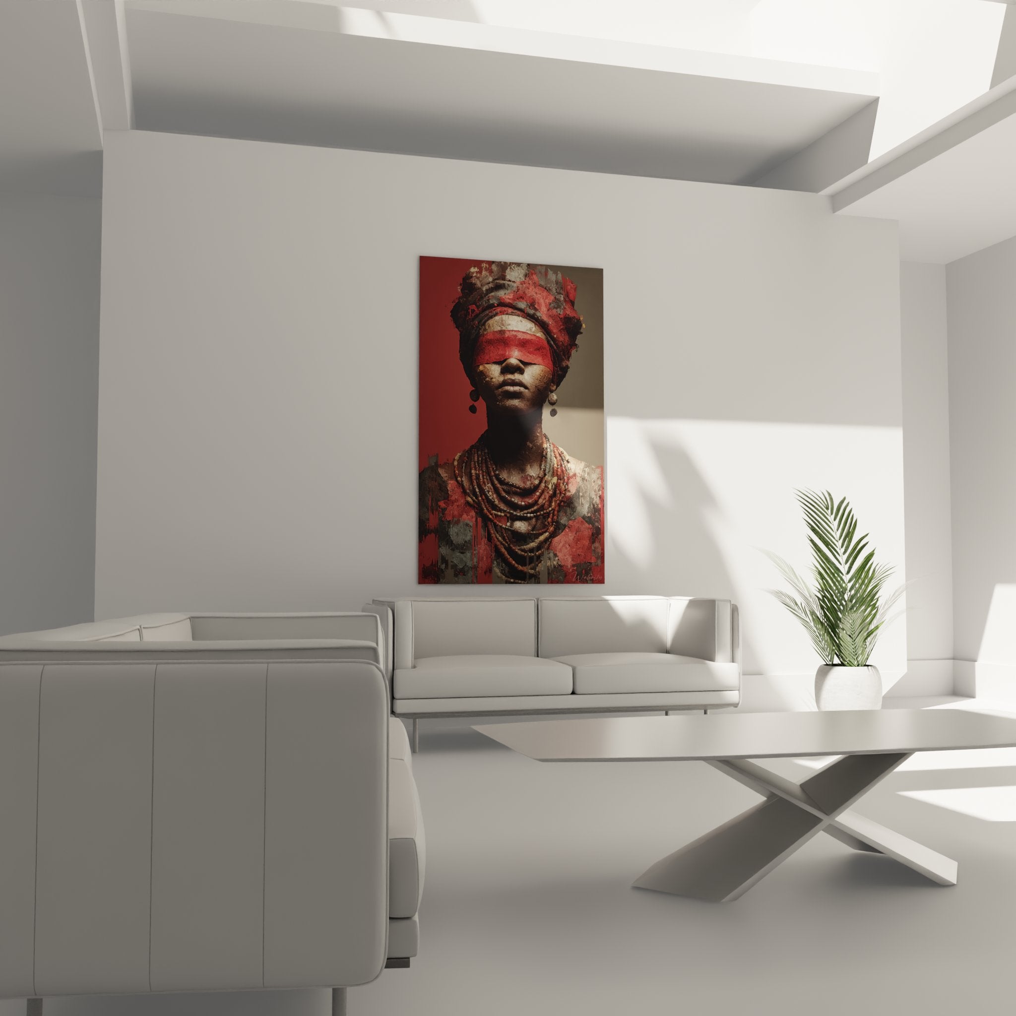 Dettaglio primo piano volto donna africana serena con collane di perle e tecnica pittura astratta texturizzata