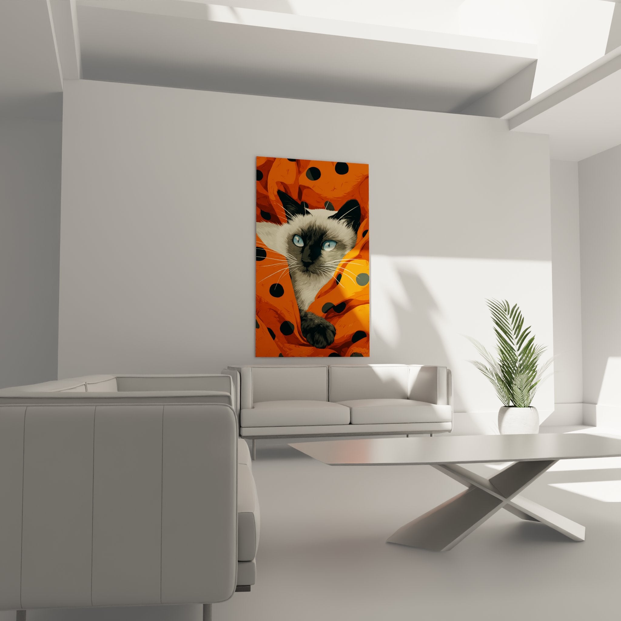 Primo piano quadro gatto Siamese mantello crema occhi blu cristallini arte murale alta qualità dettaglio