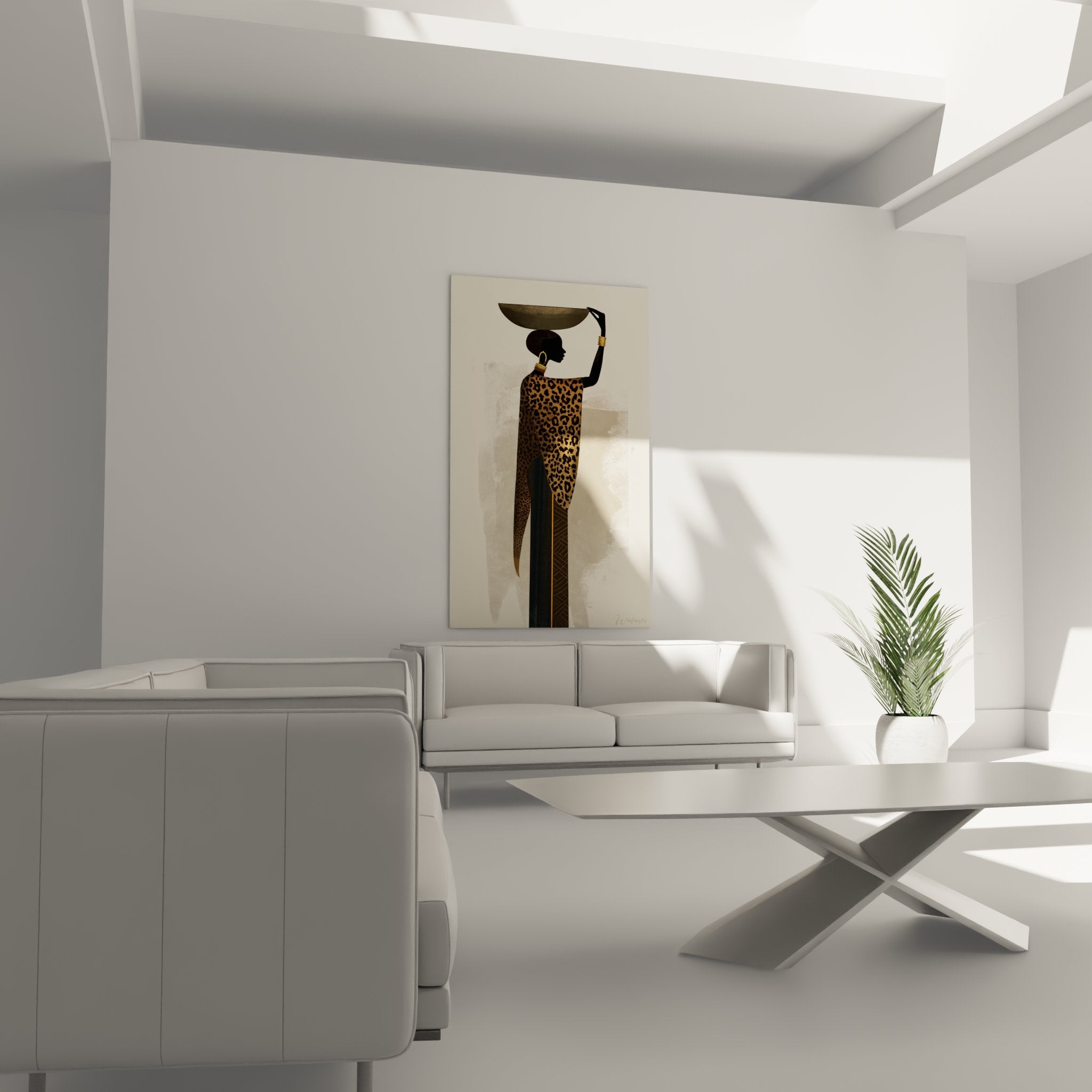 Détail rapproché tableau femme africaine motifs léopard bijoux dorés style contemporain