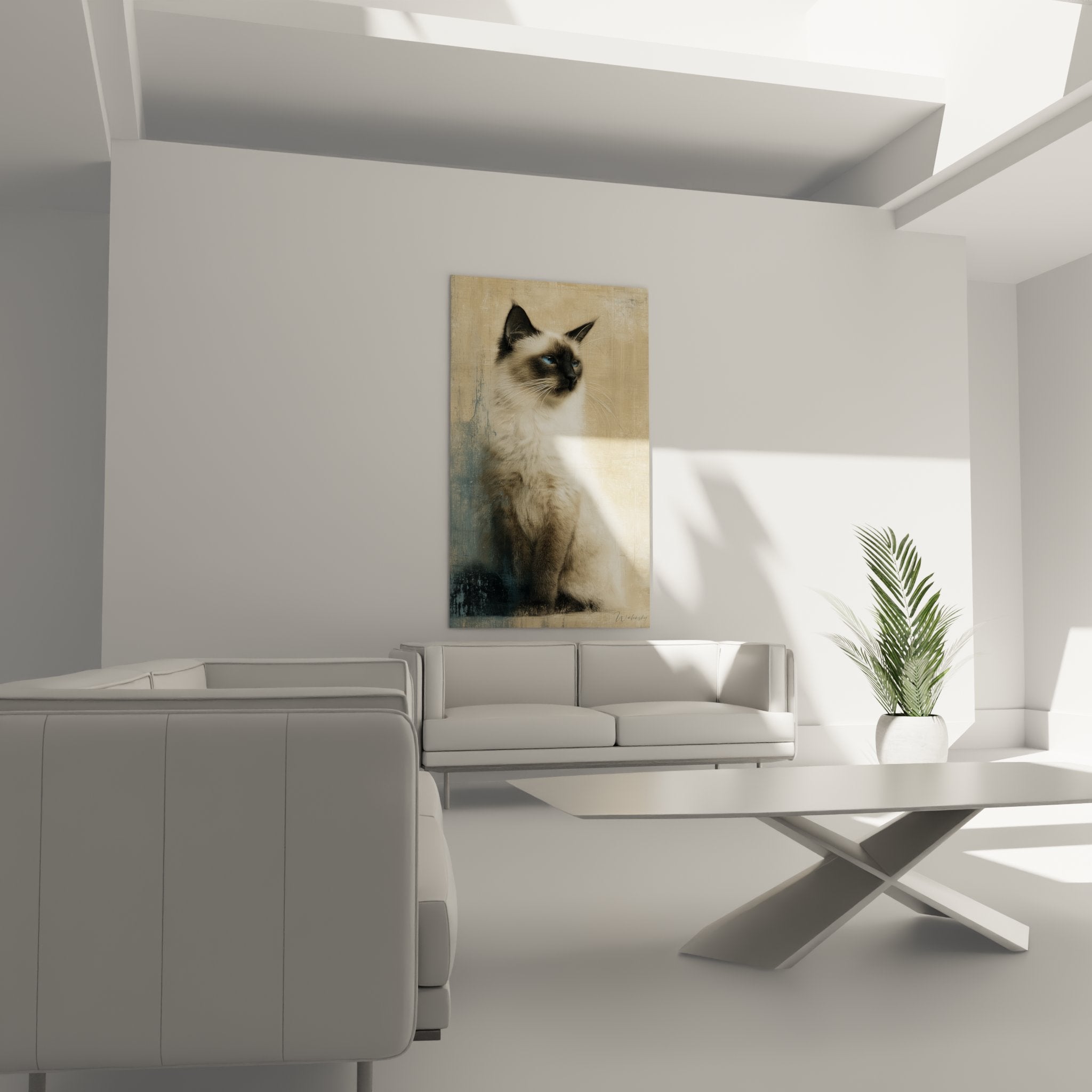 Dettaglio ravvicinato quadro gatto birmano che mostra la texture del mantello e l'intensità degli occhi blu