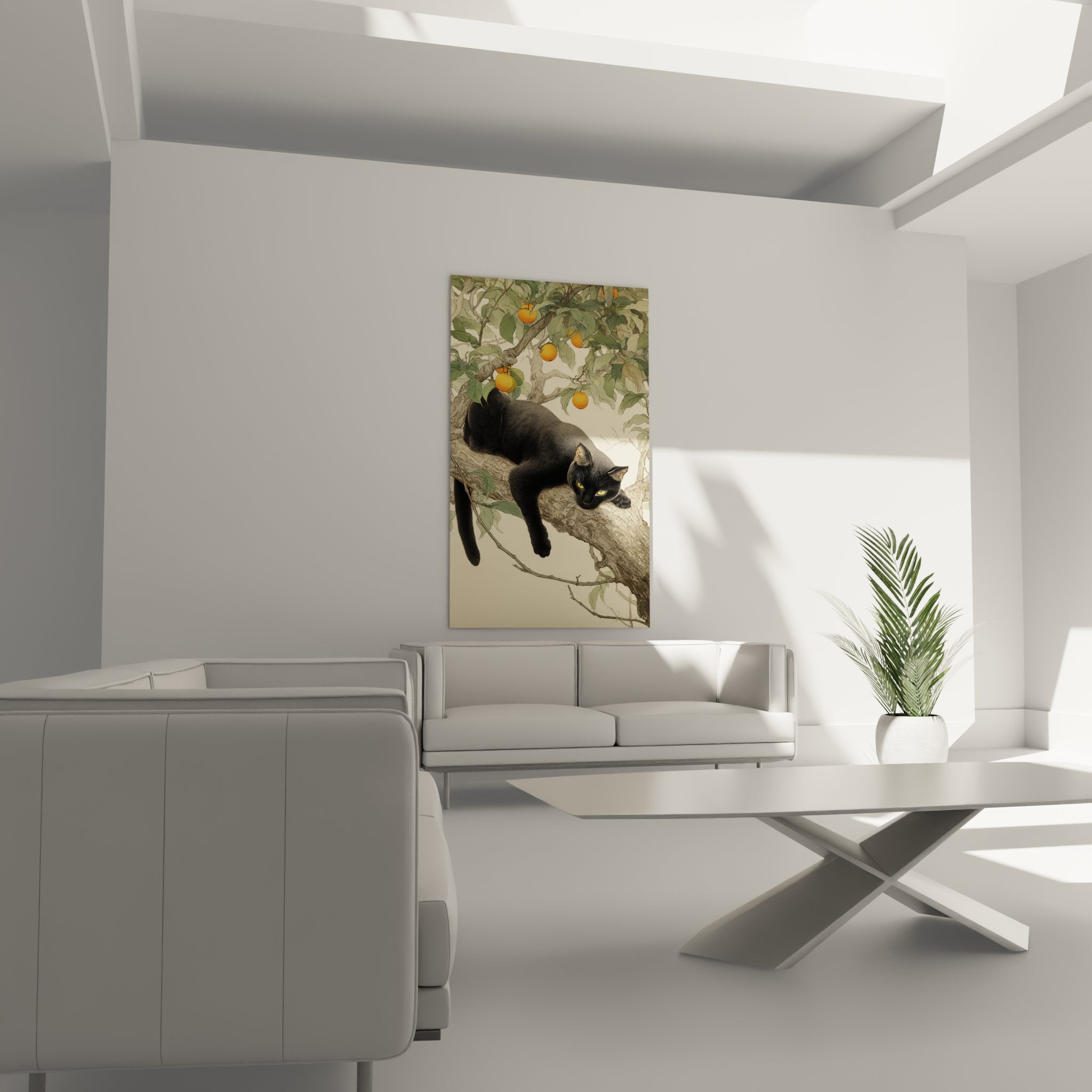 Gros plan chat Bombay noir yeux dores sur branche oranger fruits murs, art mural style japonais