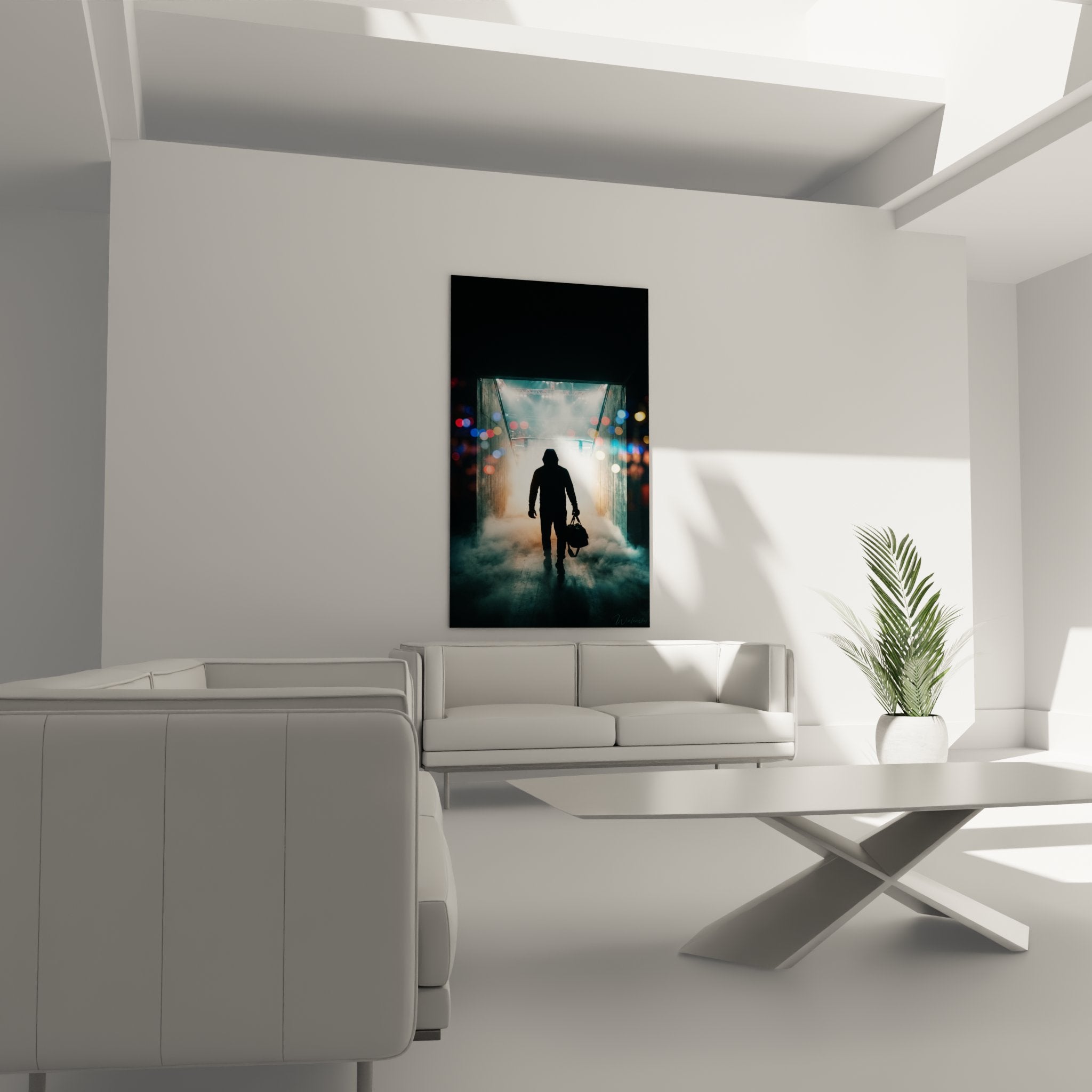 Detail rapproche tableau MMA fighter en contre-jour tunnel entree arena lumieres bokeh colore arriere-plan