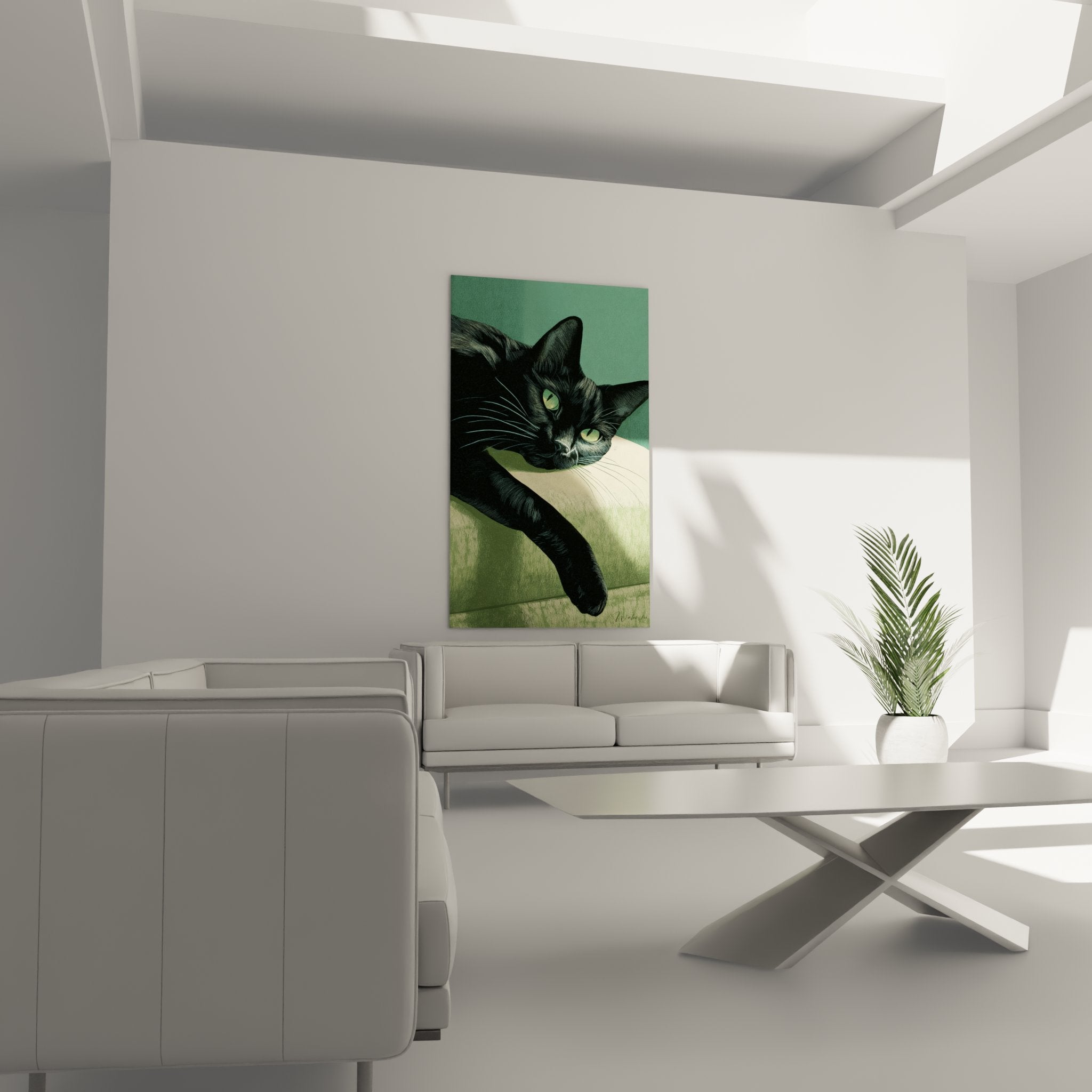 Gros plan tableau chat noir yeux émeraude, détails artistiques pelage soyeux et regard intense