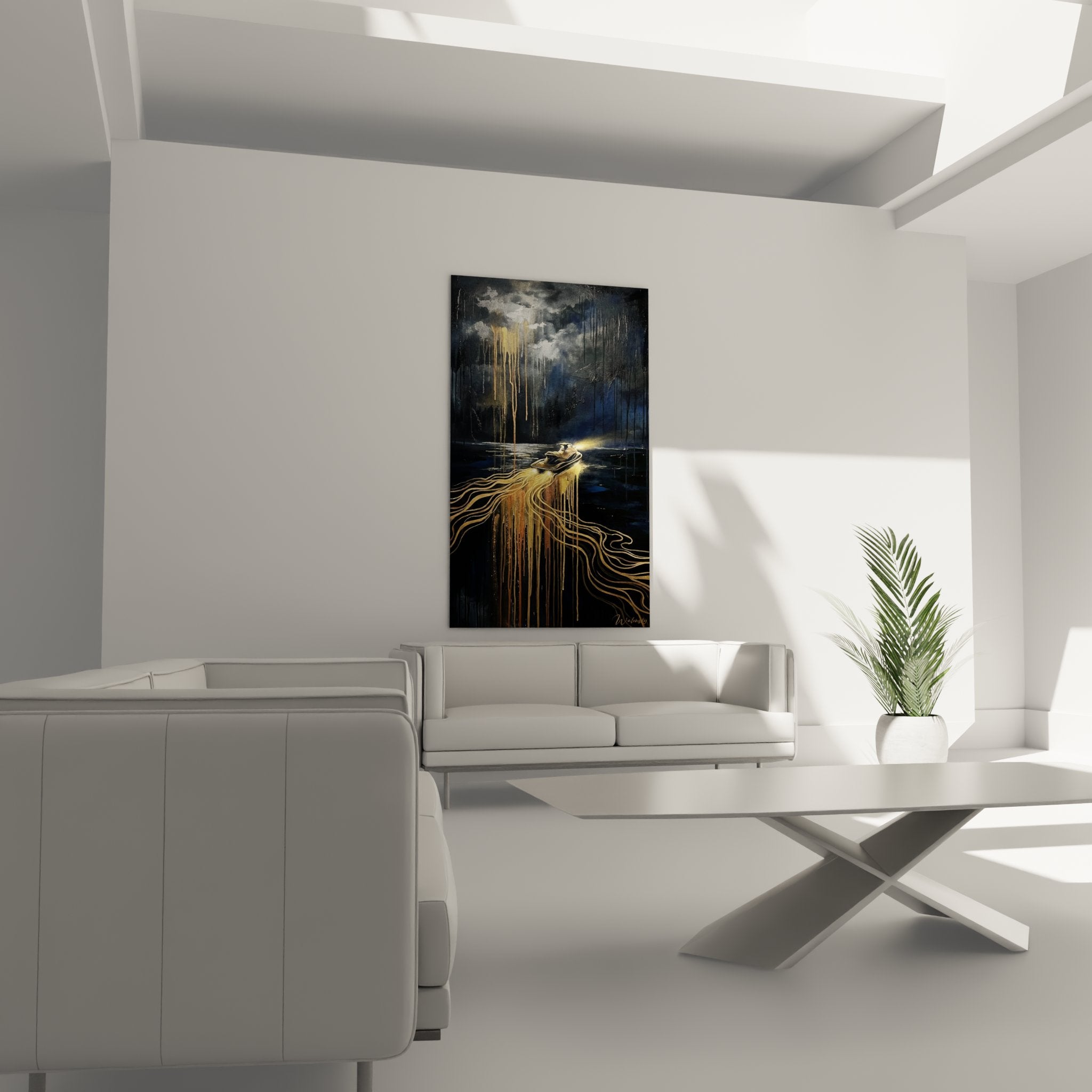 Détail rapproché tableau jetski montrant textures dorées et coulures artistiques sur toile premium