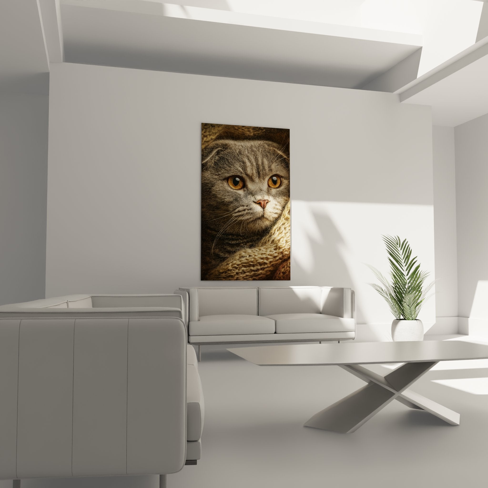 Close-up Scottish Fold cat painting with amber golden eyes grey coat realistic feline portrait detail