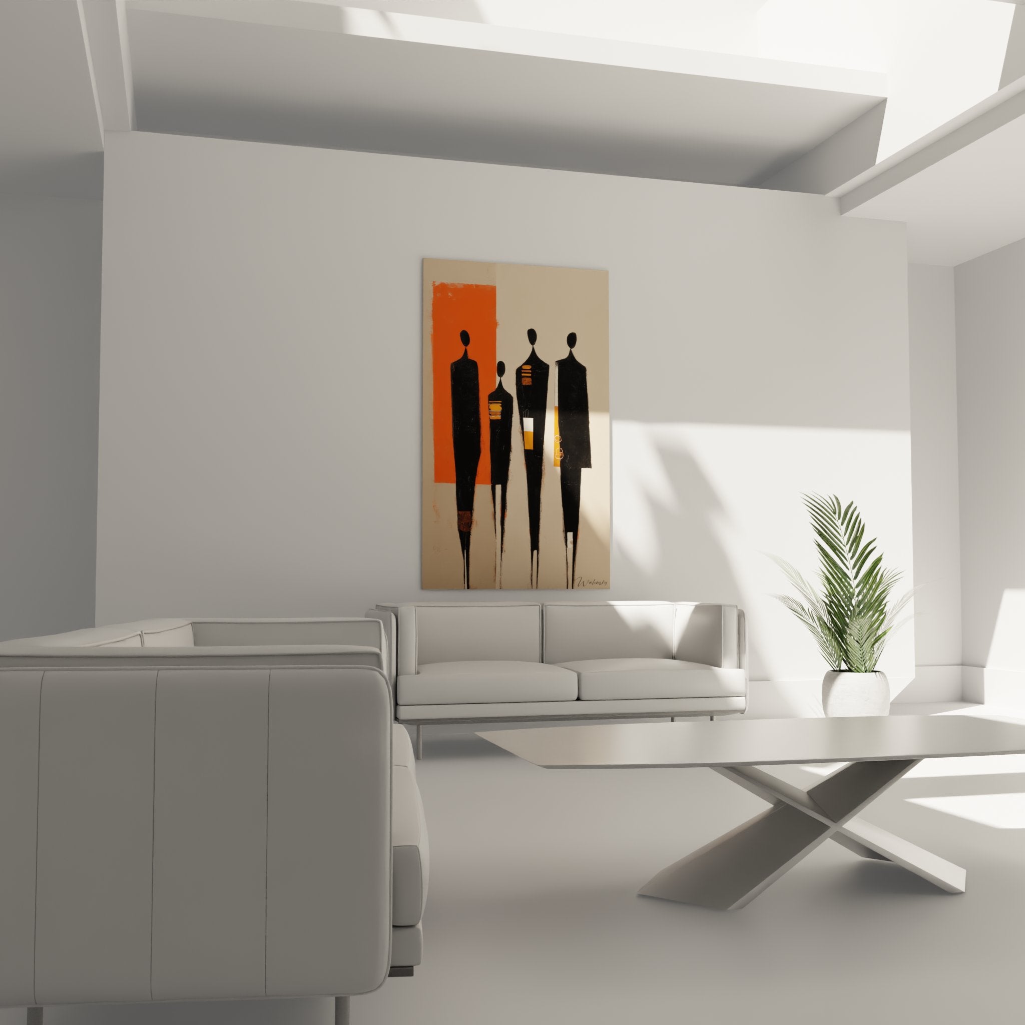 Dettaglio ravvicinato del quadro che mostra le silhouette nere con accenti arancioni, pittura africana