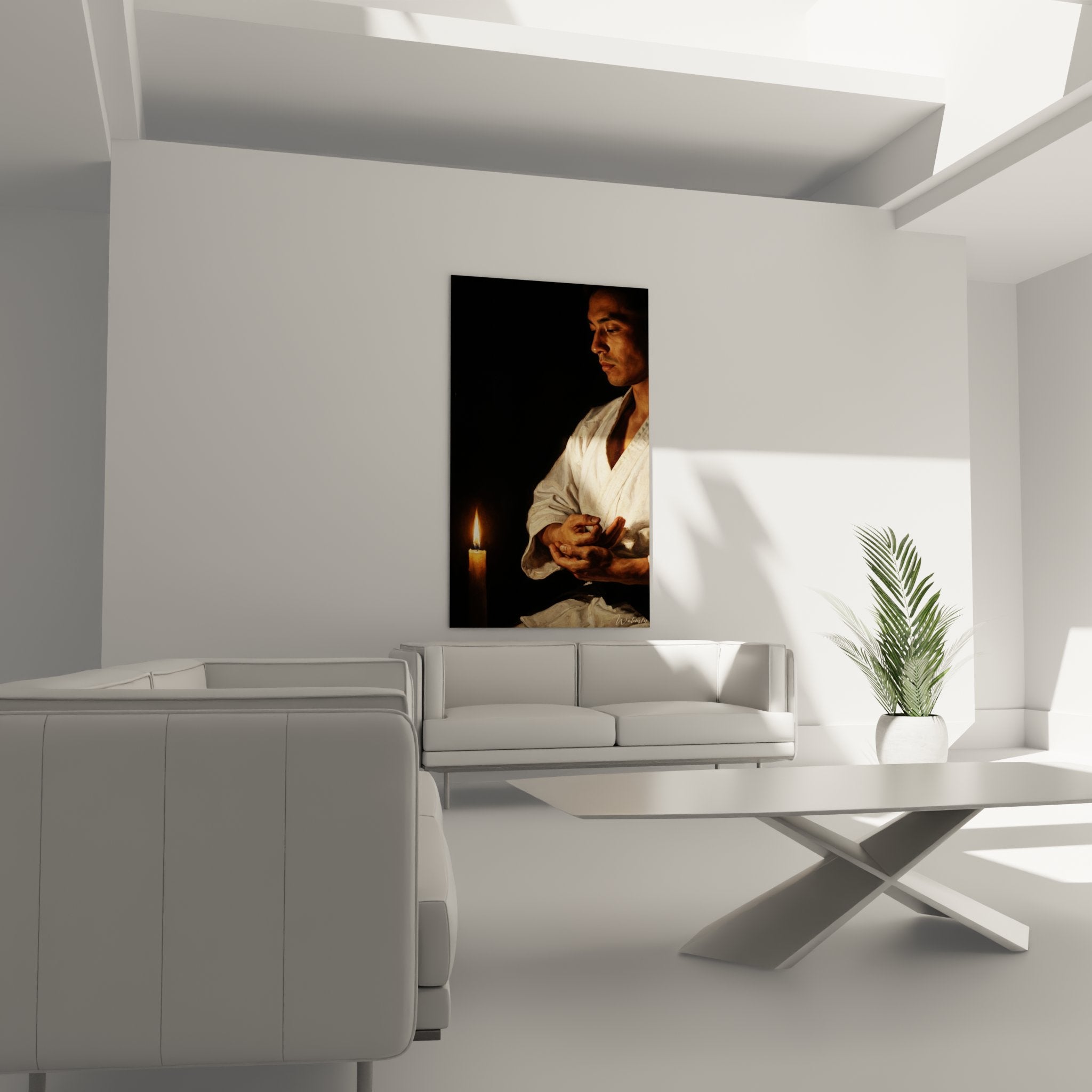 Detail tableau karate meditation mains jointes kimono blanc flamme chandelle expression sereine