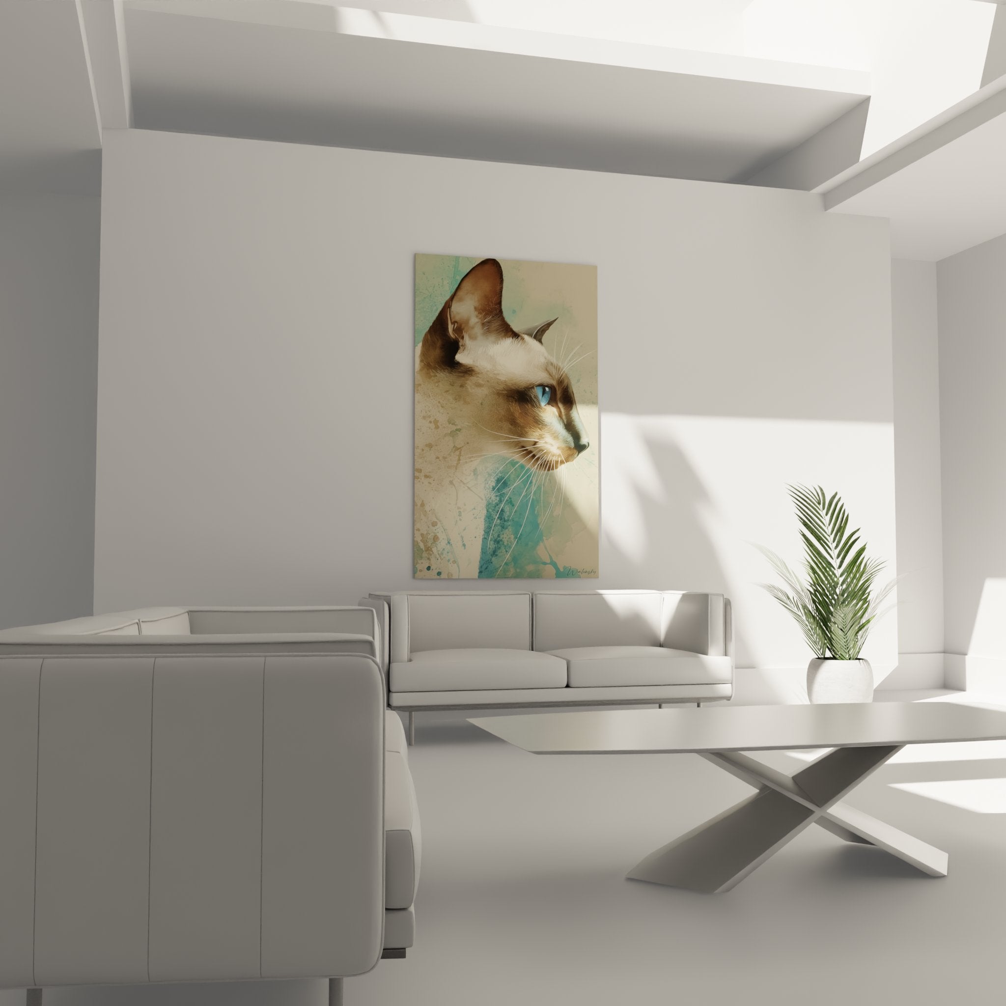 Dettaglio ritratto gatto Tonkinese, occhi blu penetranti e baffi bianchi, tecnica acquerello realistica