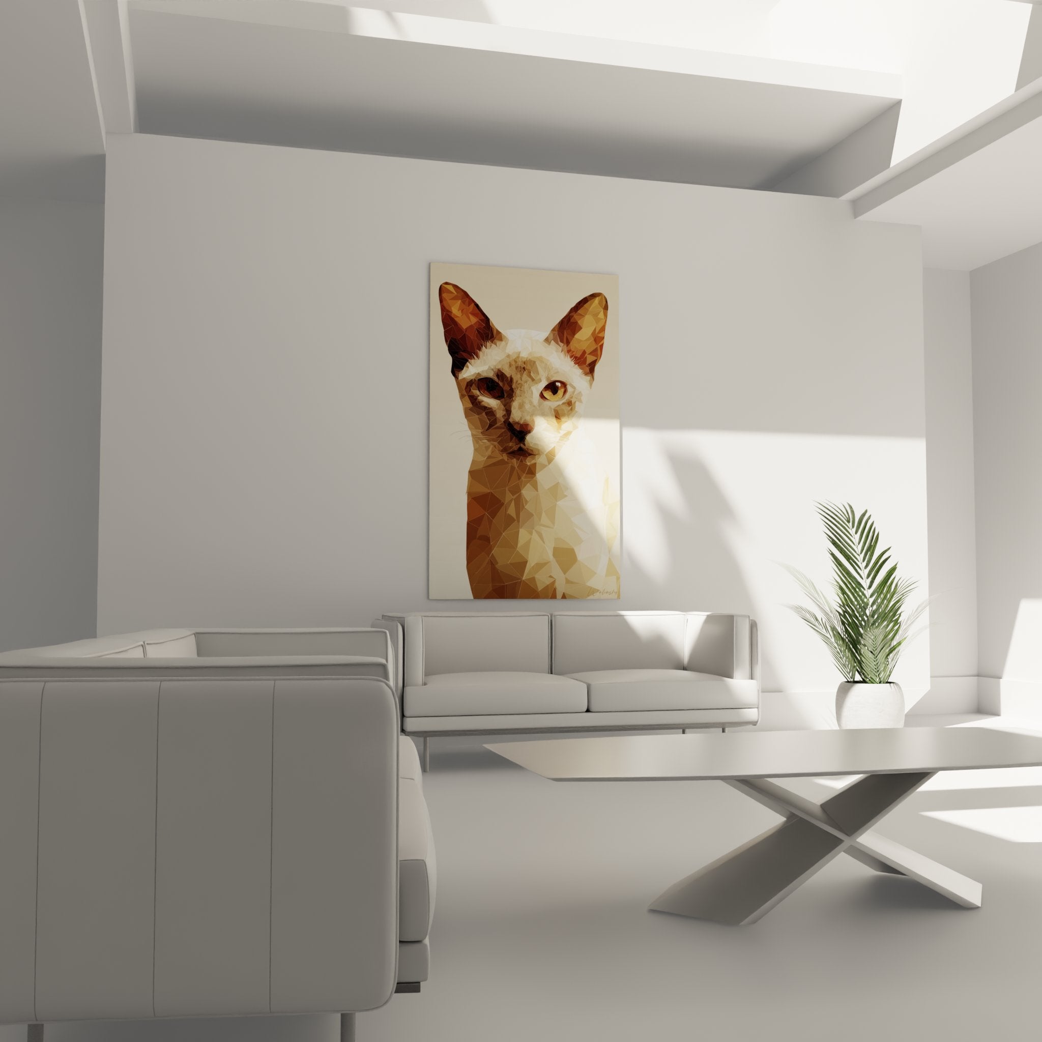 Detail tableau chat Singapura art polygonal facettes geometriques yeux dores oreilles expressives