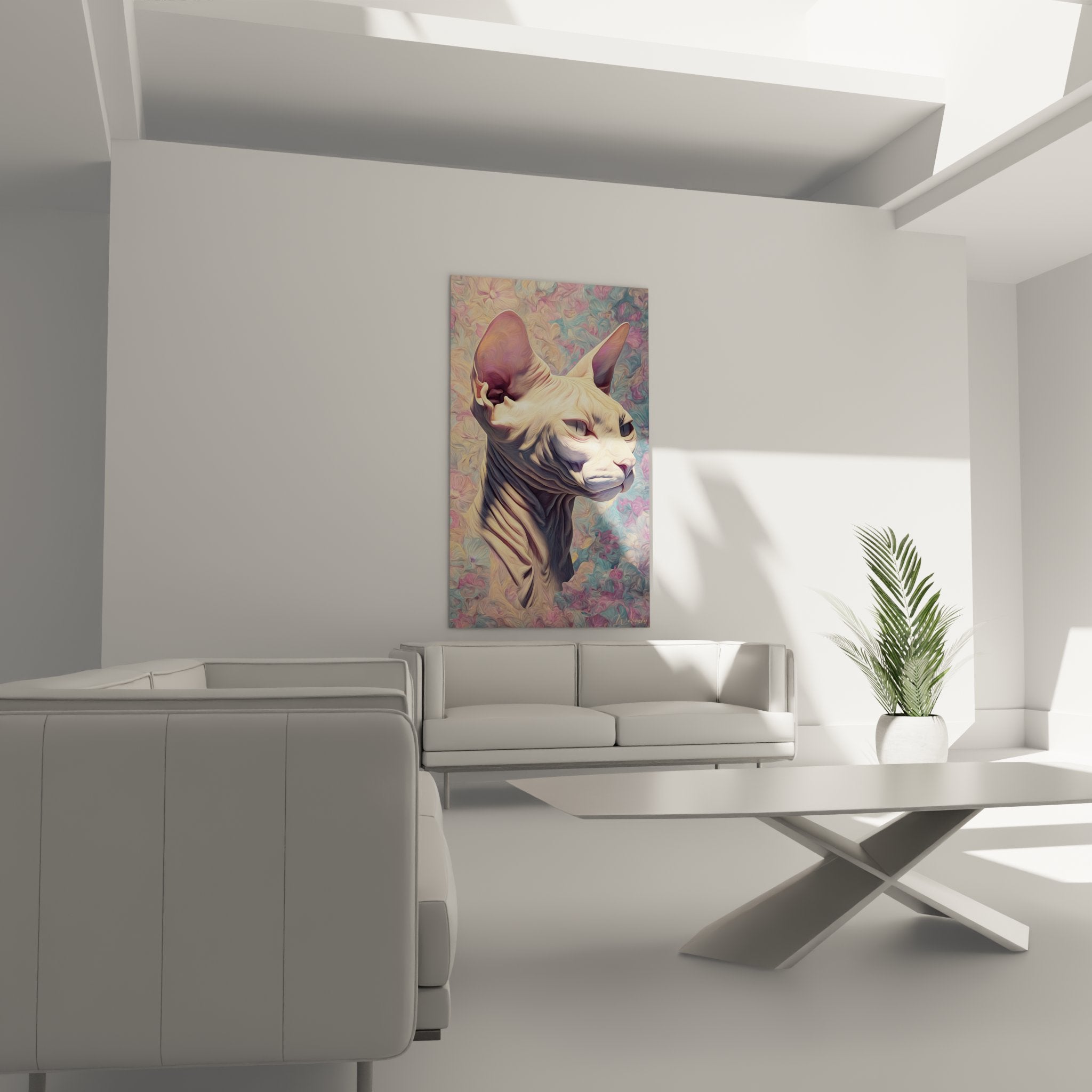 Dettaglio ravvicinato del quadro gatto Sphynx che mostra le sfumature di colore e la texture artistica