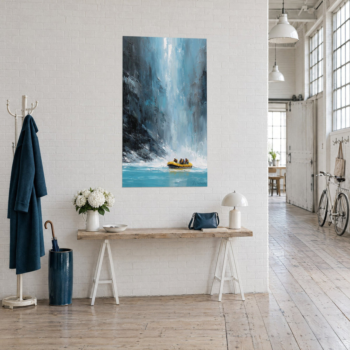 Wall art whitewater rafting, glacier-blue waterfall between black rock walls, tiny yellow raft, three-quarter view of the loft