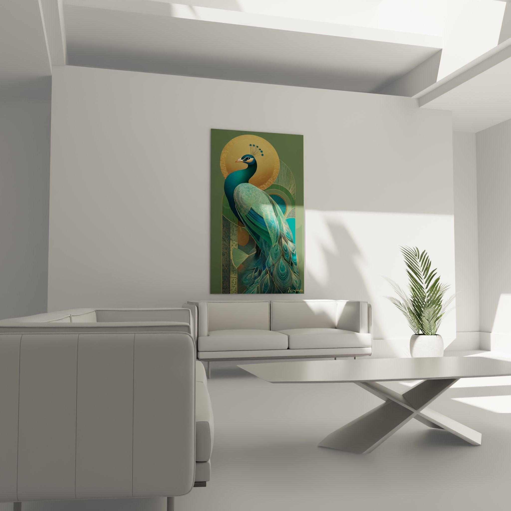 Detail der Pfauenfedern im Art-déco-Stil mit feinen goldenen Mustern und Smaragdtönen kunstvoll verarbeitet