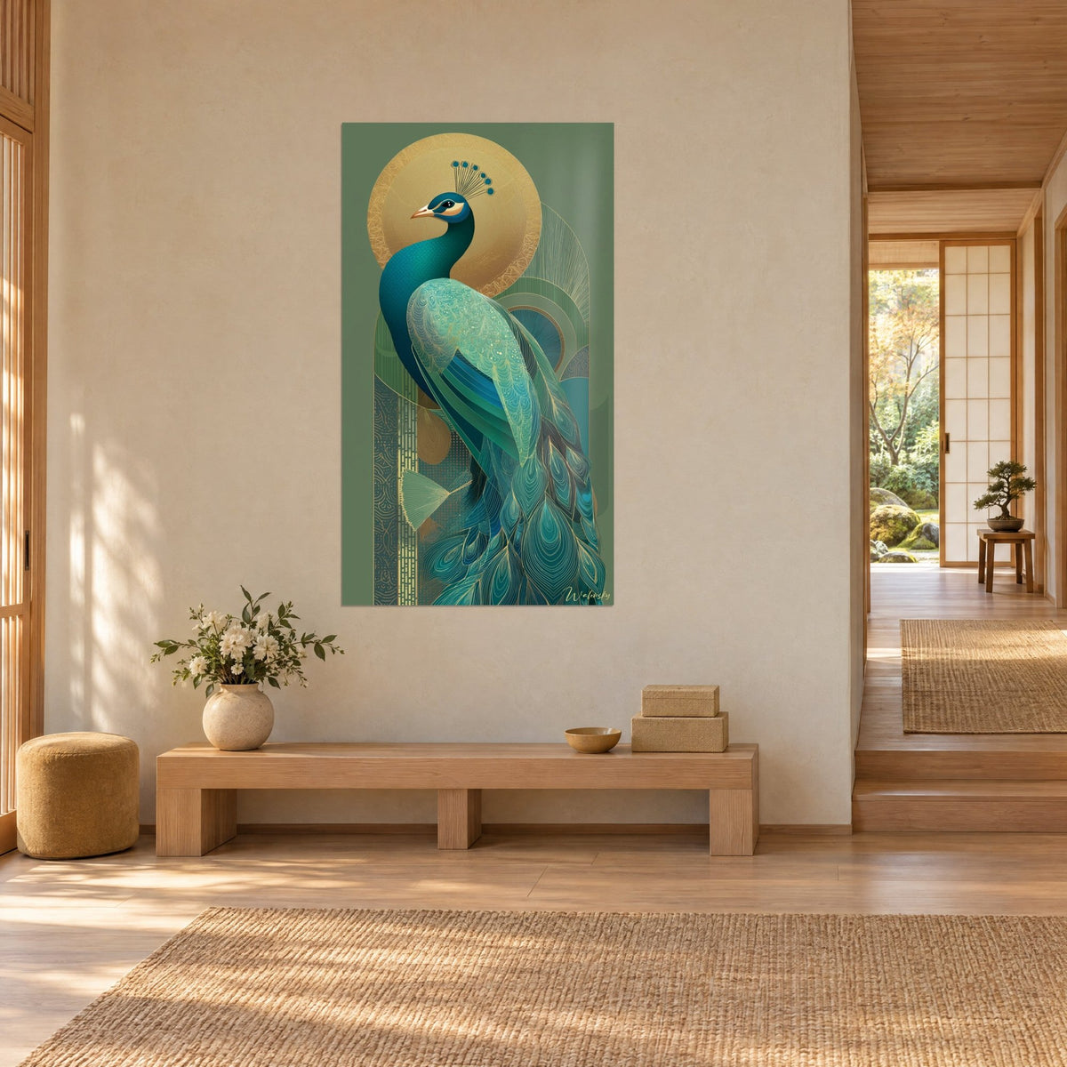 Cuadro ave real de plumaje esmeralda y verde azulado, halo ocre, vista de tres cuartos en una casa japandi luminosa