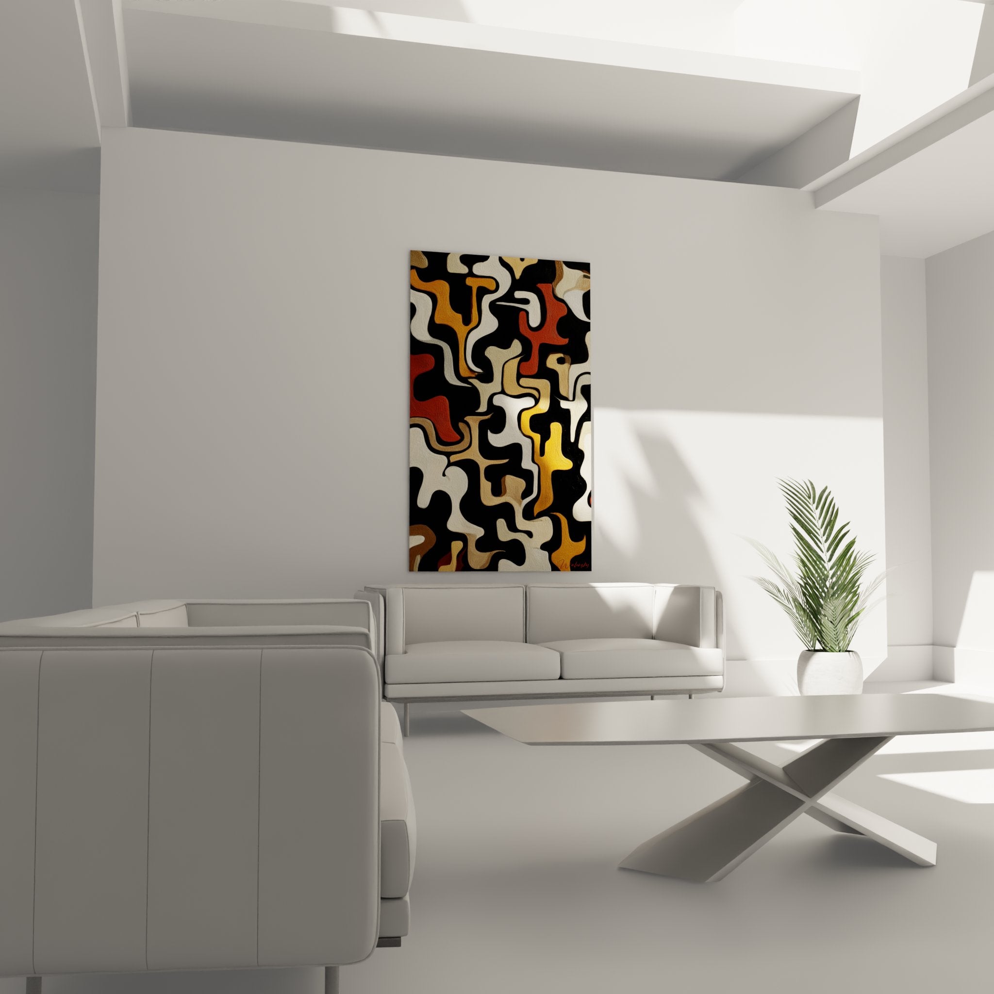 Close-up detail of interlaced organic shapes from the textured relief abstract African wall art
