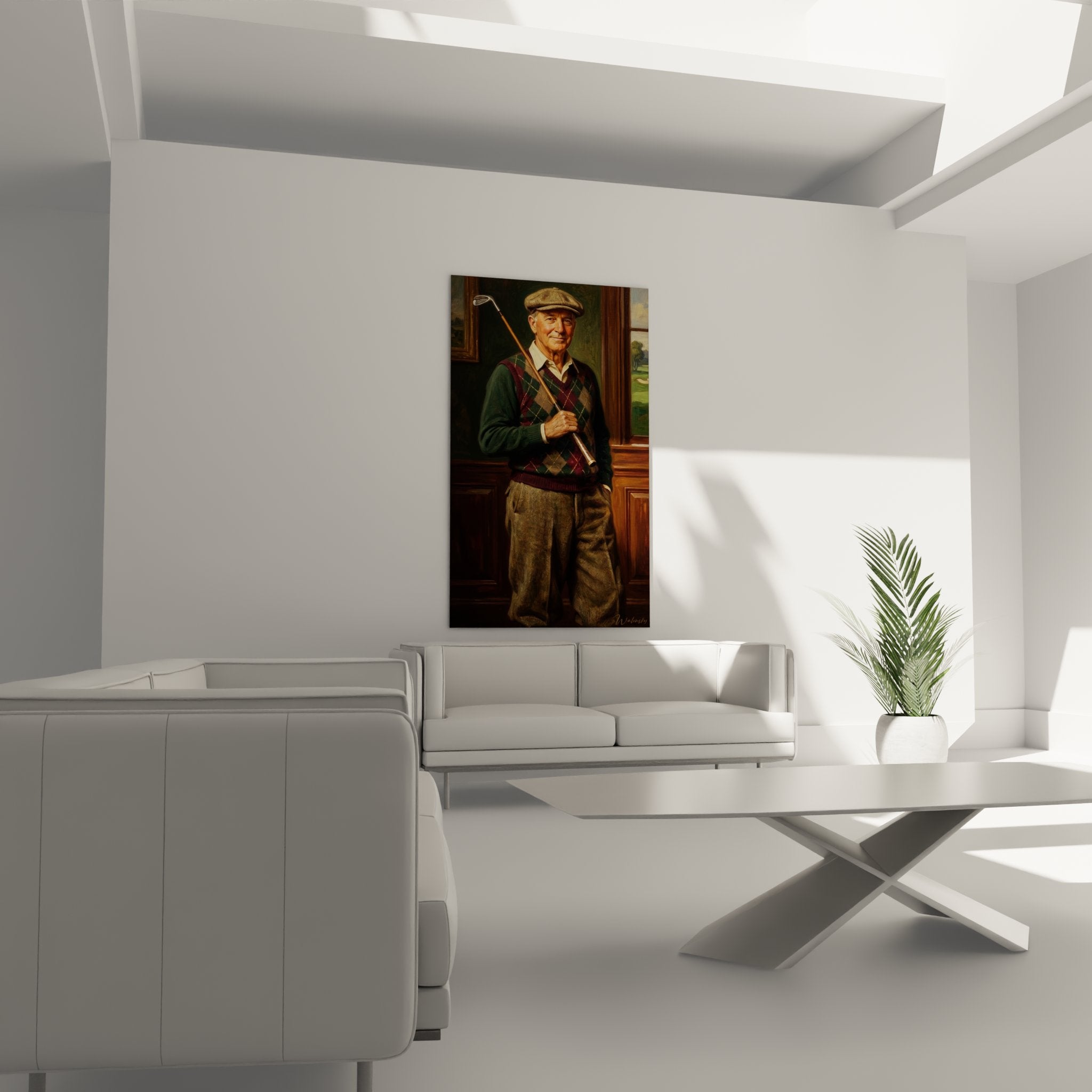 Détail rapproché du tableau golfeur montrant la tenue traditionnelle et l'expression bienveillante